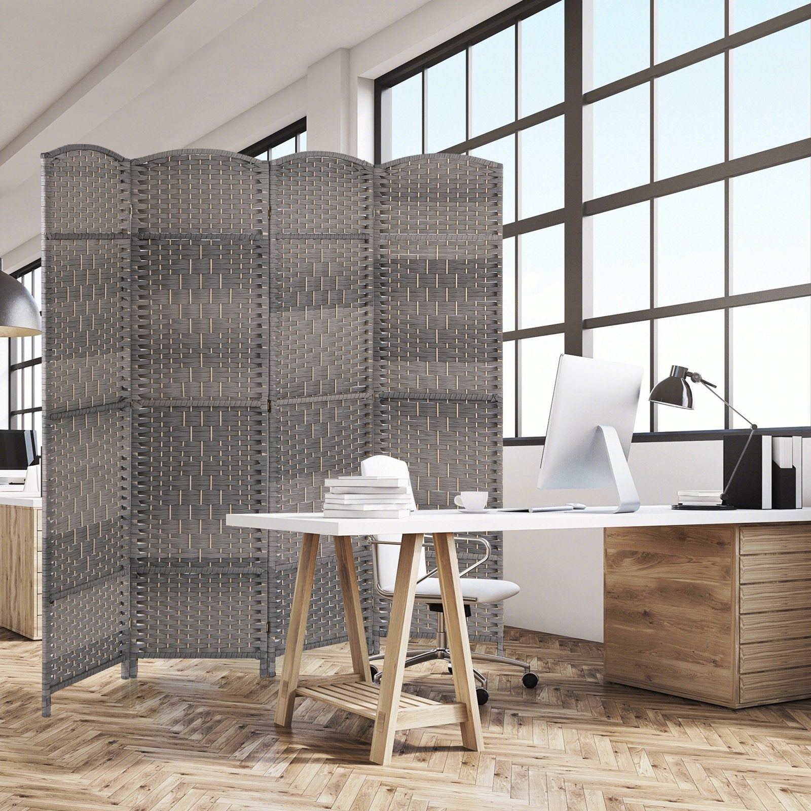 4-Panel Folding Privacy Screen with Hand-woven Pattern for Home Office Living Room, Gray Room Dividers   at Gallery Canada