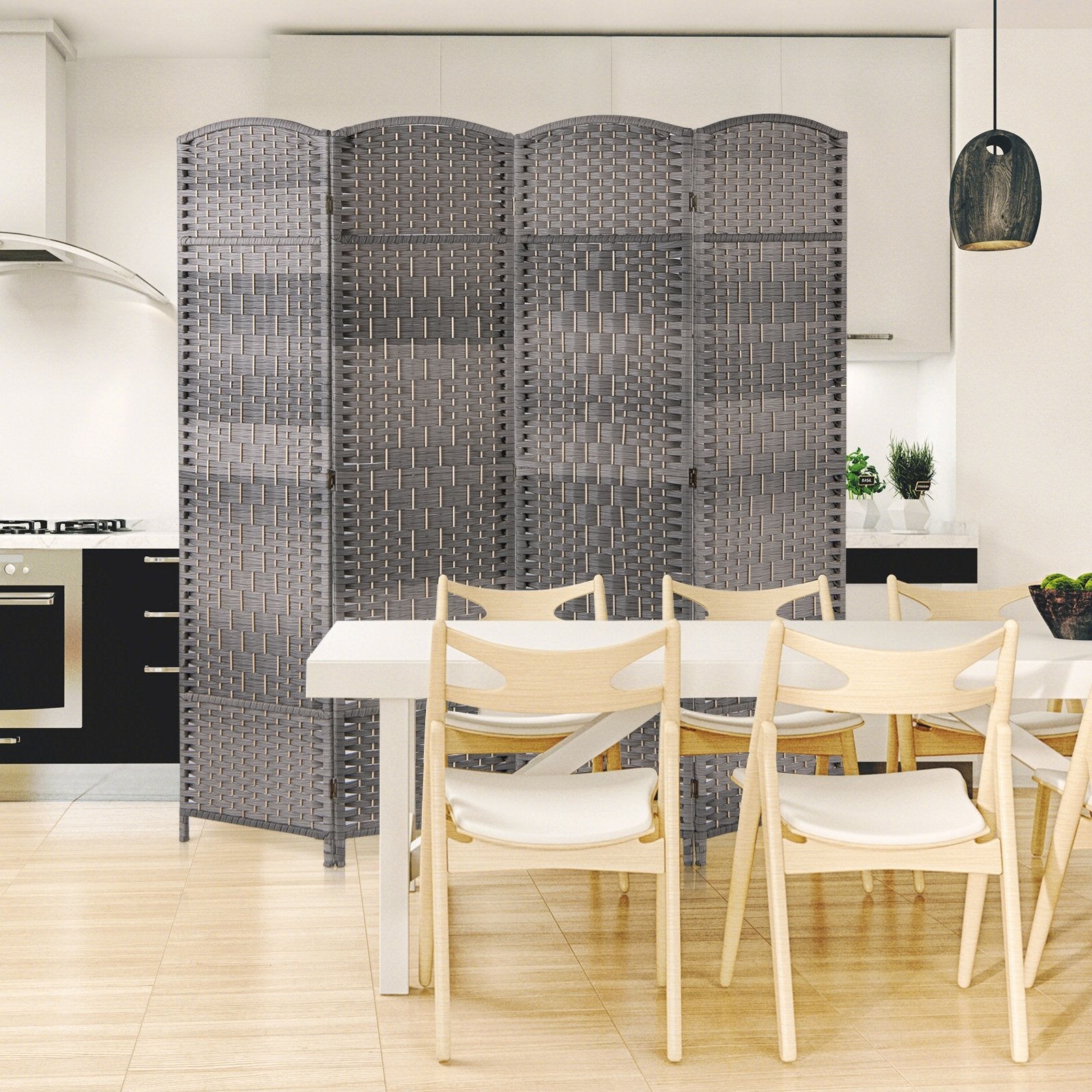 4-Panel Folding Privacy Screen with Hand-woven Pattern for Home Office Living Room, Gray Room Dividers   at Gallery Canada