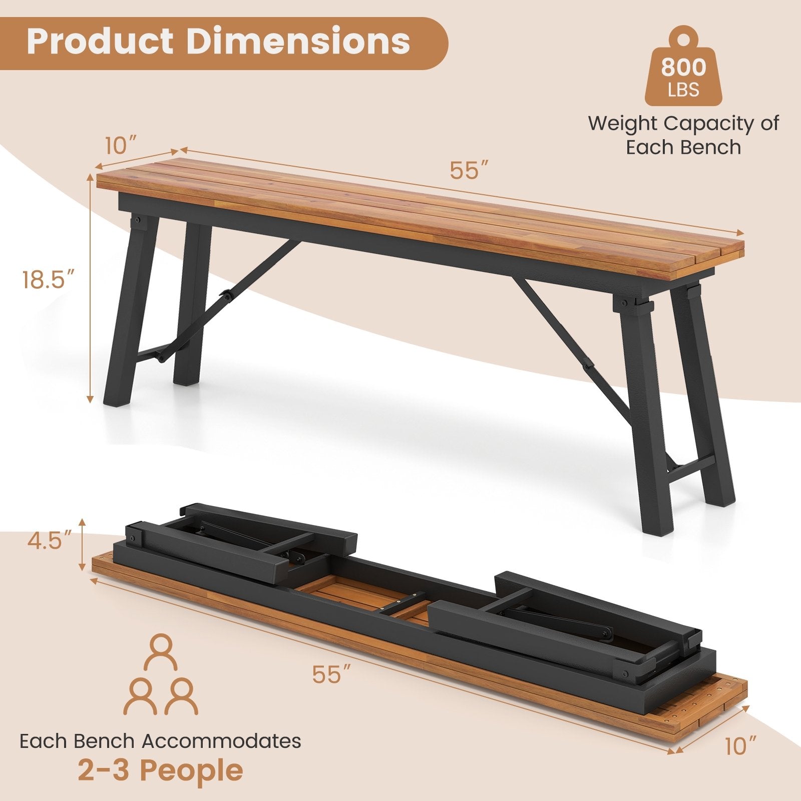 Folding Picnic Bench Set Rectangular Acacia Wood Dining Camping BBQ Benches Outdoor Benches   at Gallery Canada