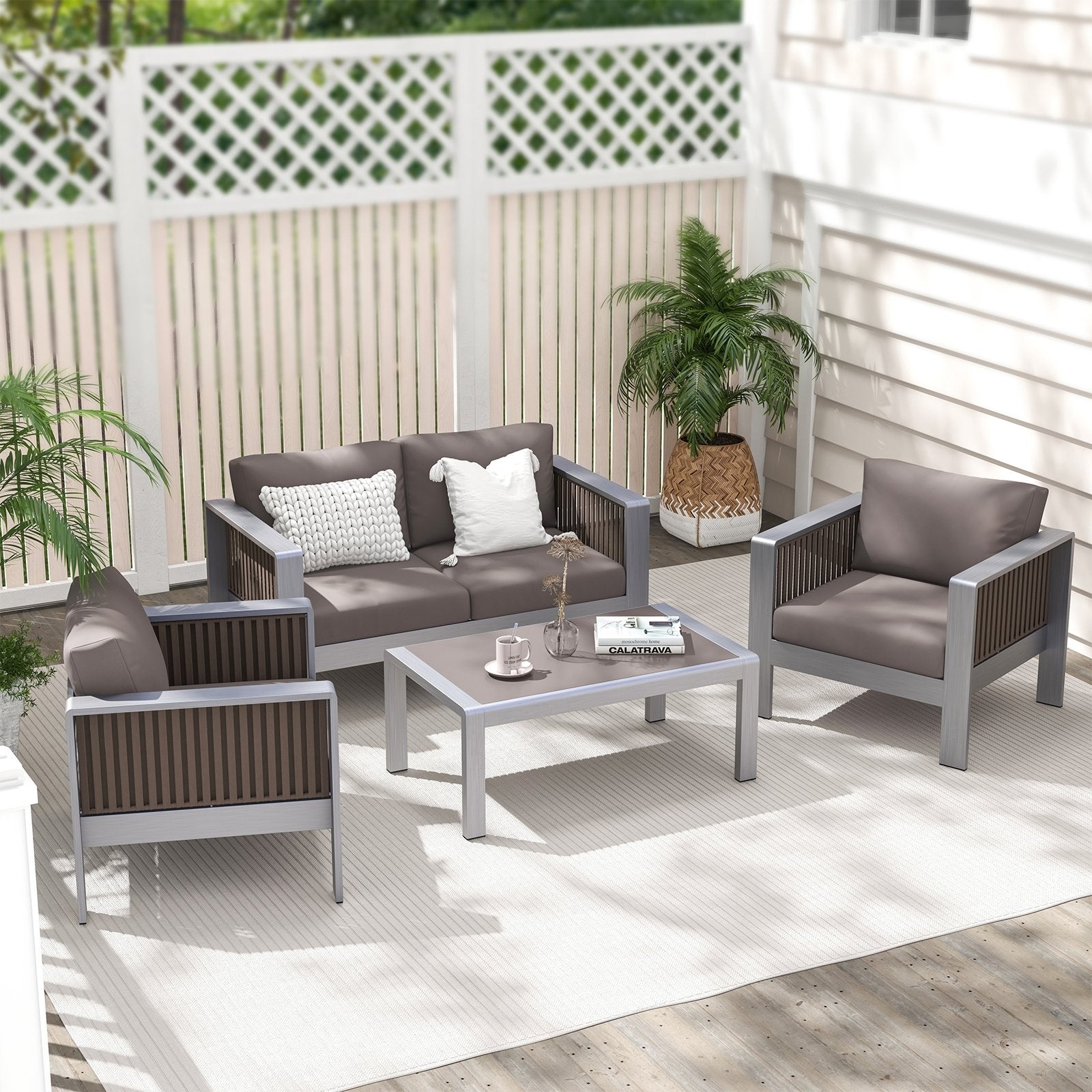 Patio Aluminum Loveseat Sofa Outdoor Furniture Set with Thick Back and Seat Cushions, Gray Patio Conversation Sets   at Gallery Canada