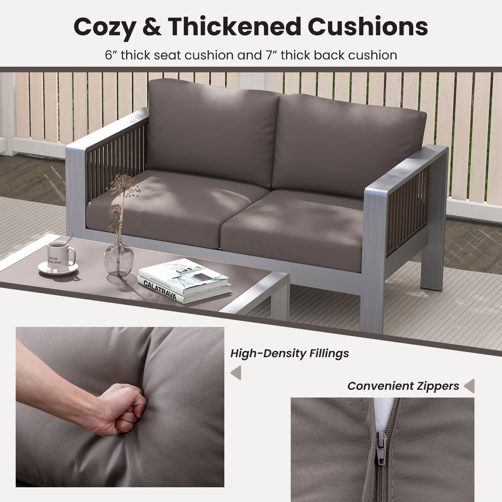 Patio Aluminum Loveseat Sofa Outdoor Furniture Set with Thick Back and Seat Cushions, Gray Patio Conversation Sets   at Gallery Canada