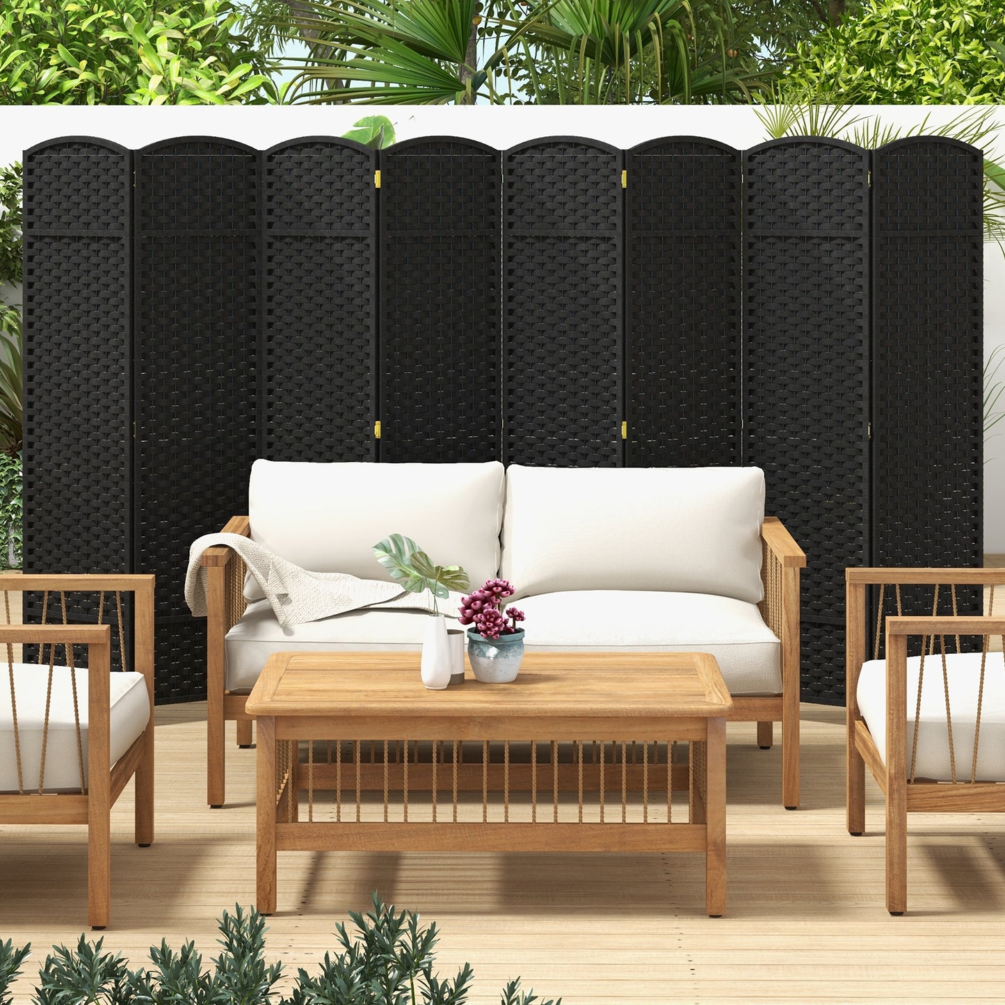 8-Panel Folding Room Divider with Hand-woven Texture and Wood Frame, Black Room Dividers at Gallery Canada