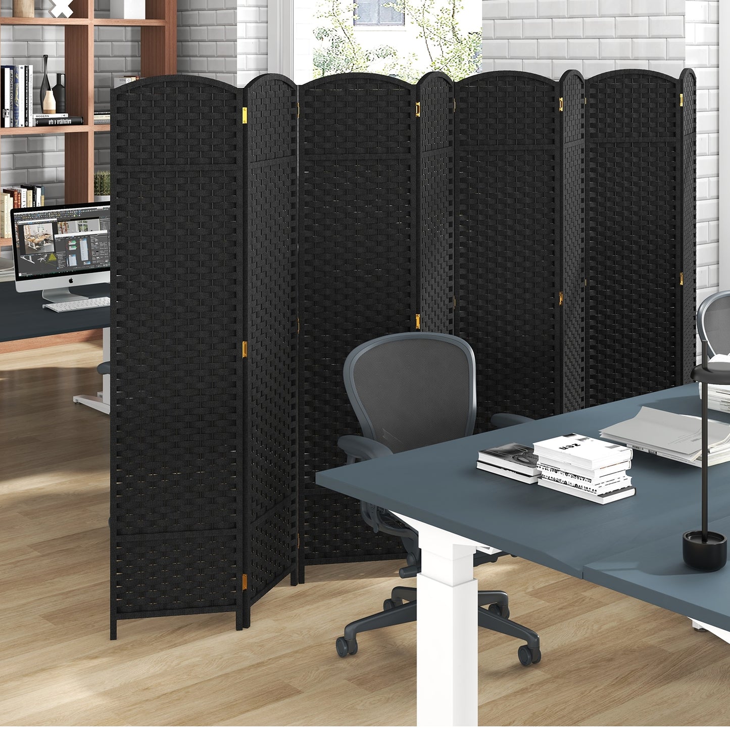 8-Panel Folding Room Divider with Hand-woven Texture and Wood Frame, Black Room Dividers at Gallery Canada