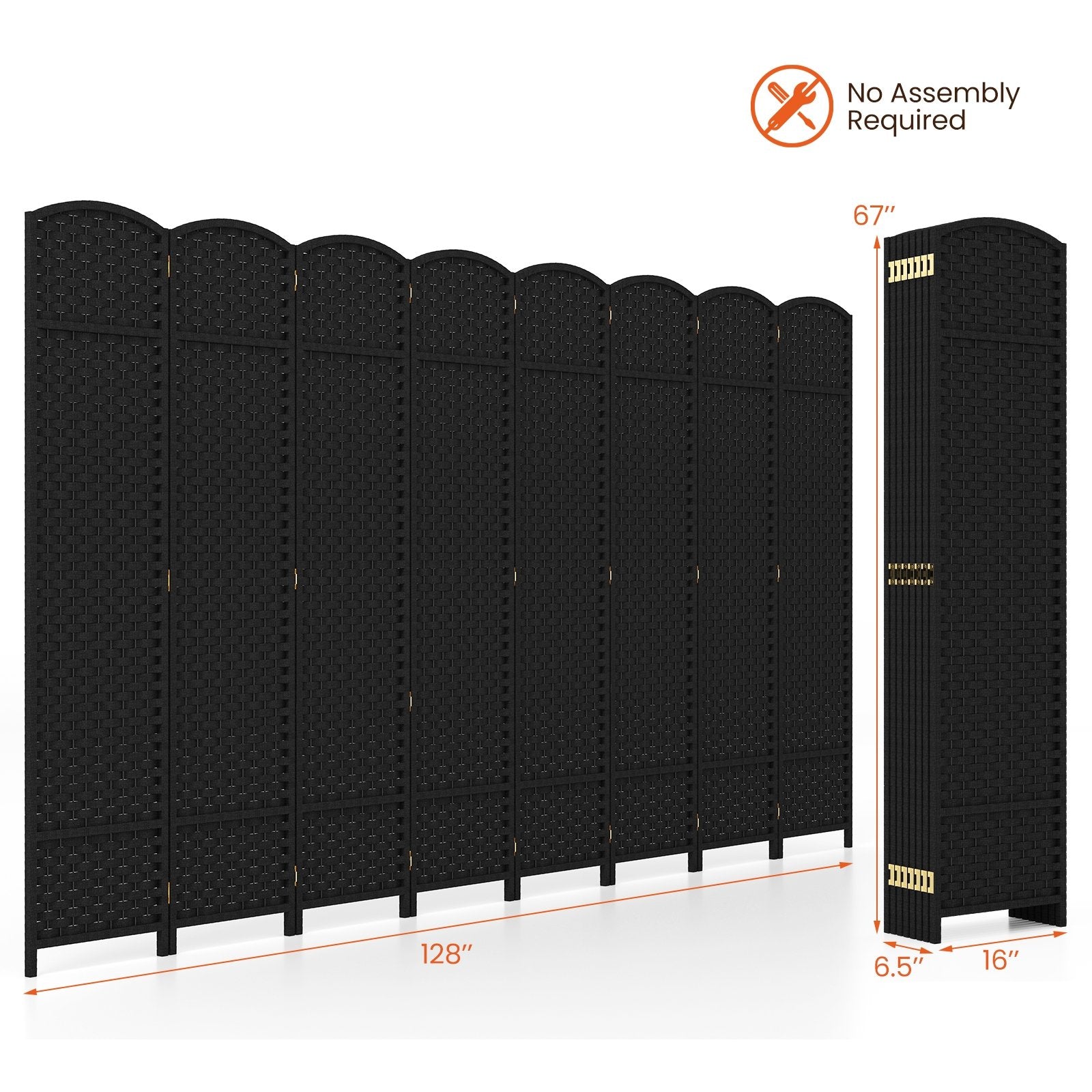 8-Panel Folding Room Divider with Hand-woven Texture and Wood Frame, Black Room Dividers at Gallery Canada