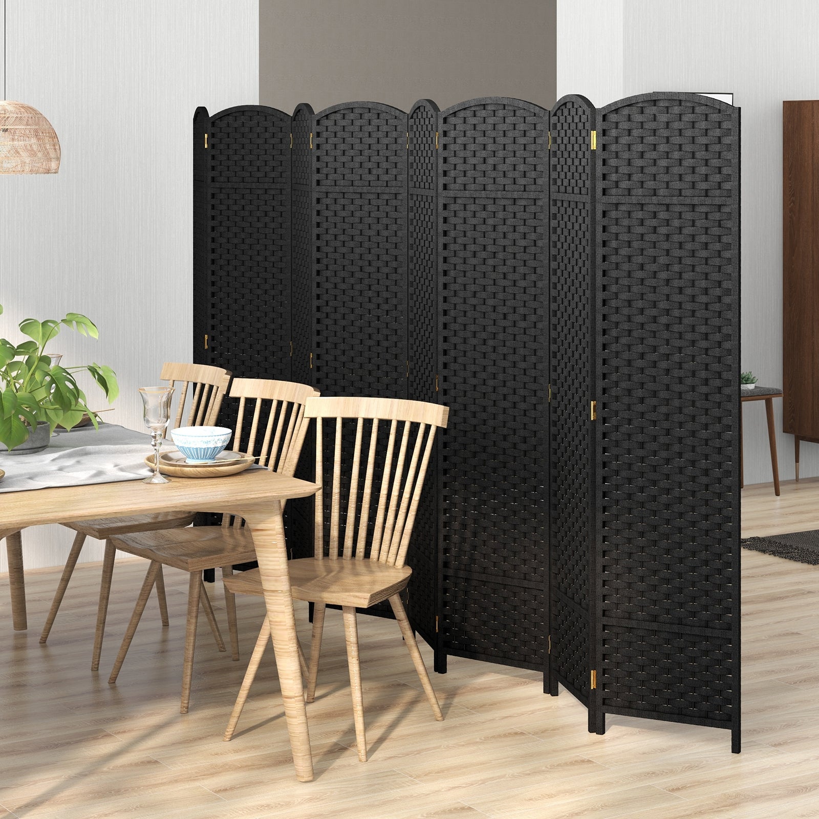 8-Panel Folding Room Divider with Hand-woven Texture and Wood Frame, Black Room Dividers at Gallery Canada