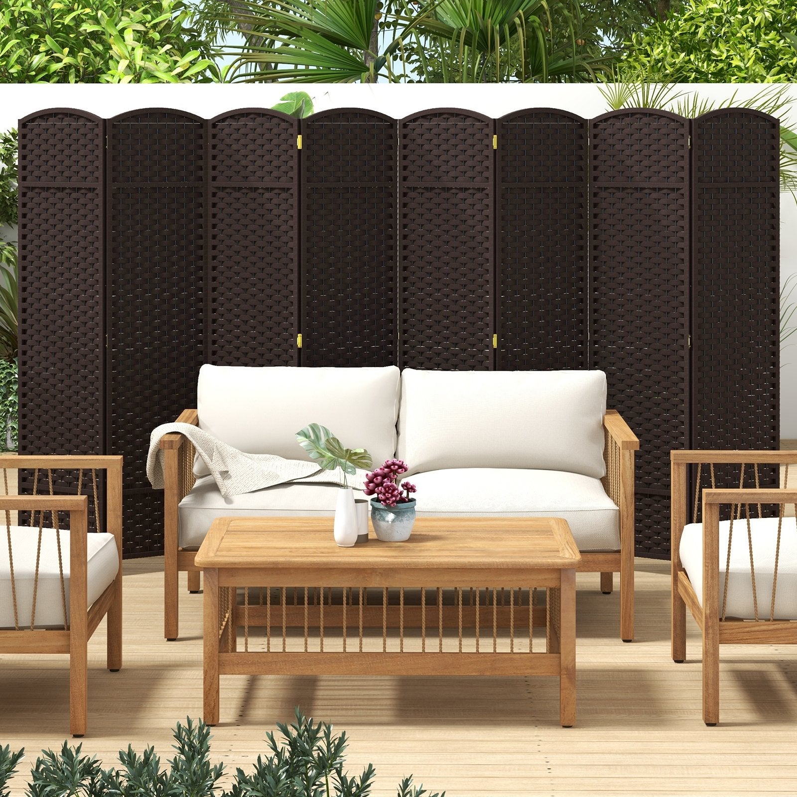 8-Panel Folding Room Divider with Hand-woven Texture and Wood Frame, Brown Room Dividers   at Gallery Canada