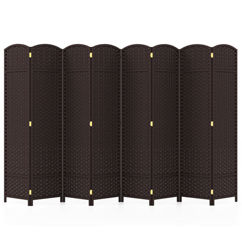 8-Panel Folding Room Divider with Hand-woven Texture and Wood Frame, Brown