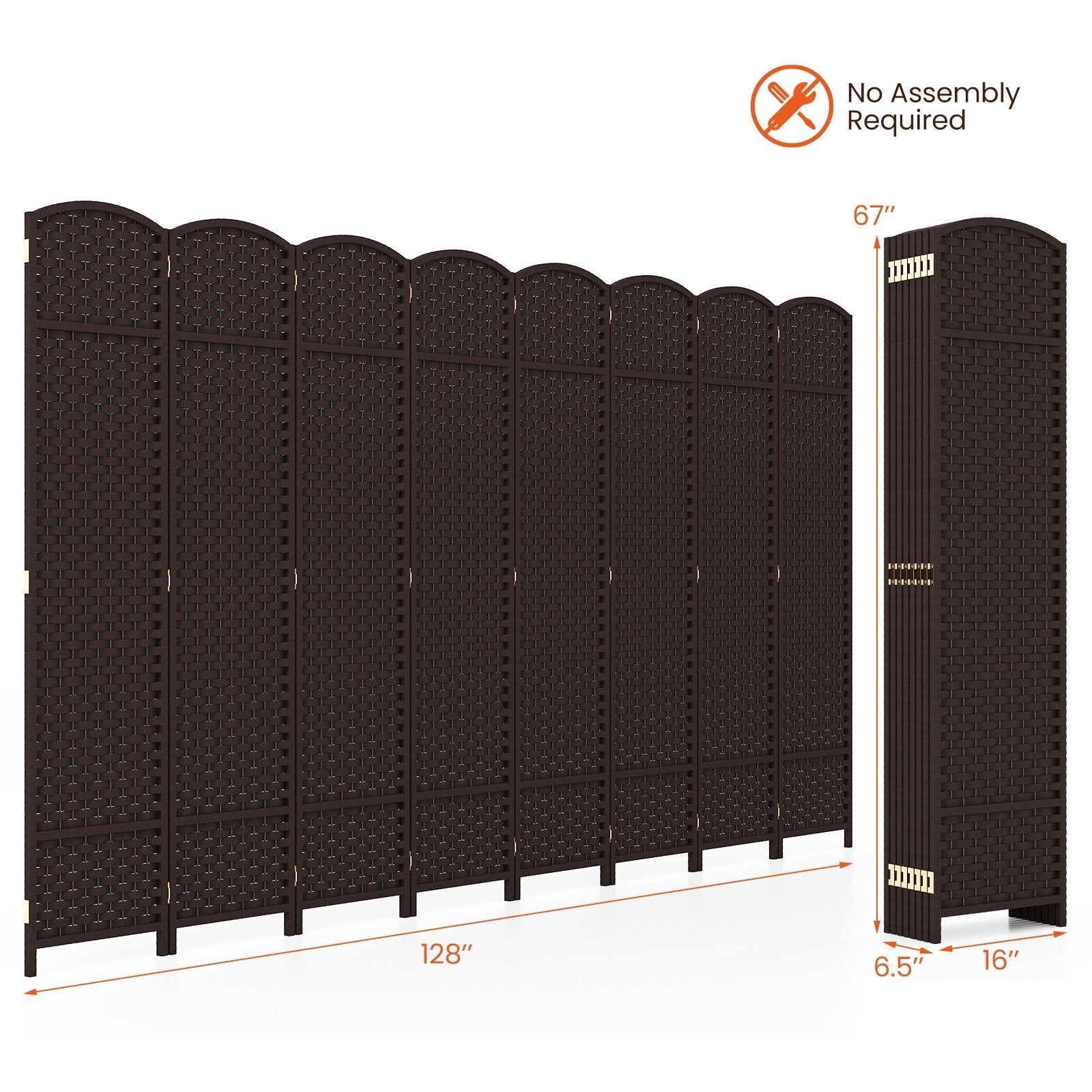 8-Panel Folding Room Divider with Hand-woven Texture and Wood Frame, Brown Room Dividers   at Gallery Canada