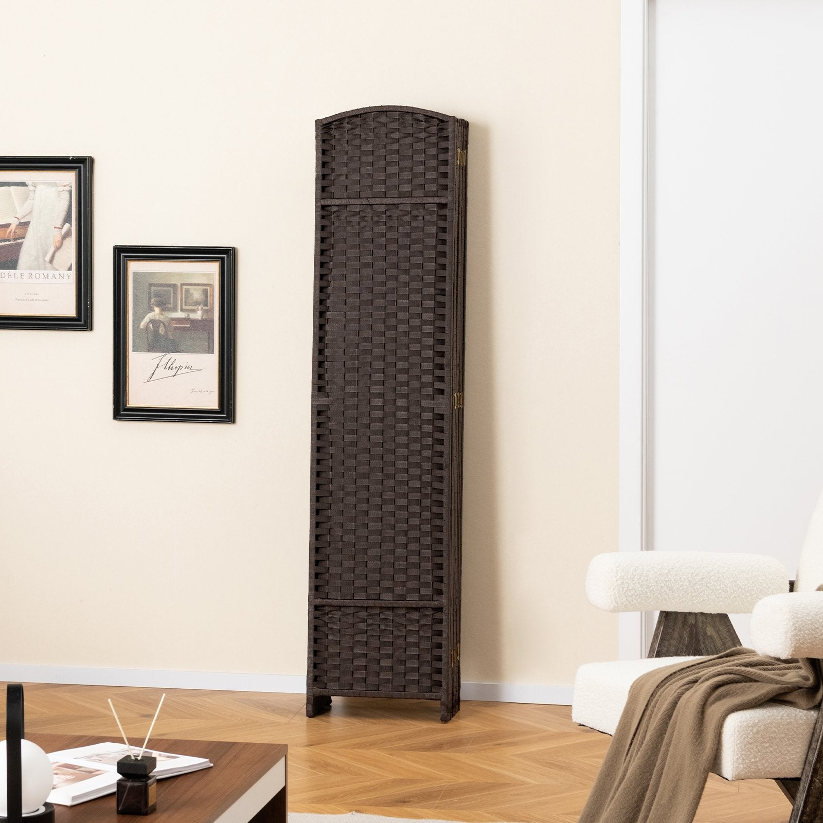 8-Panel Folding Room Divider with Hand-woven Texture and Wood Frame, Brown Room Dividers   at Gallery Canada