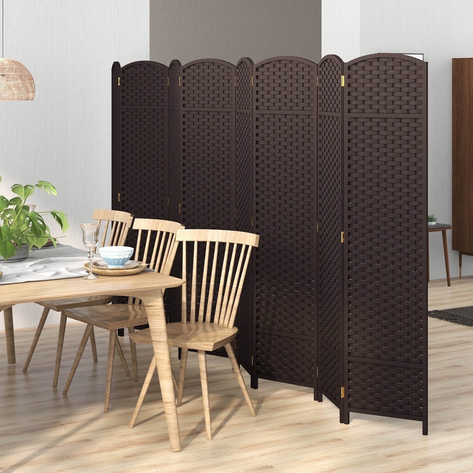 8-Panel Folding Room Divider with Hand-woven Texture and Wood Frame, Brown Room Dividers   at Gallery Canada