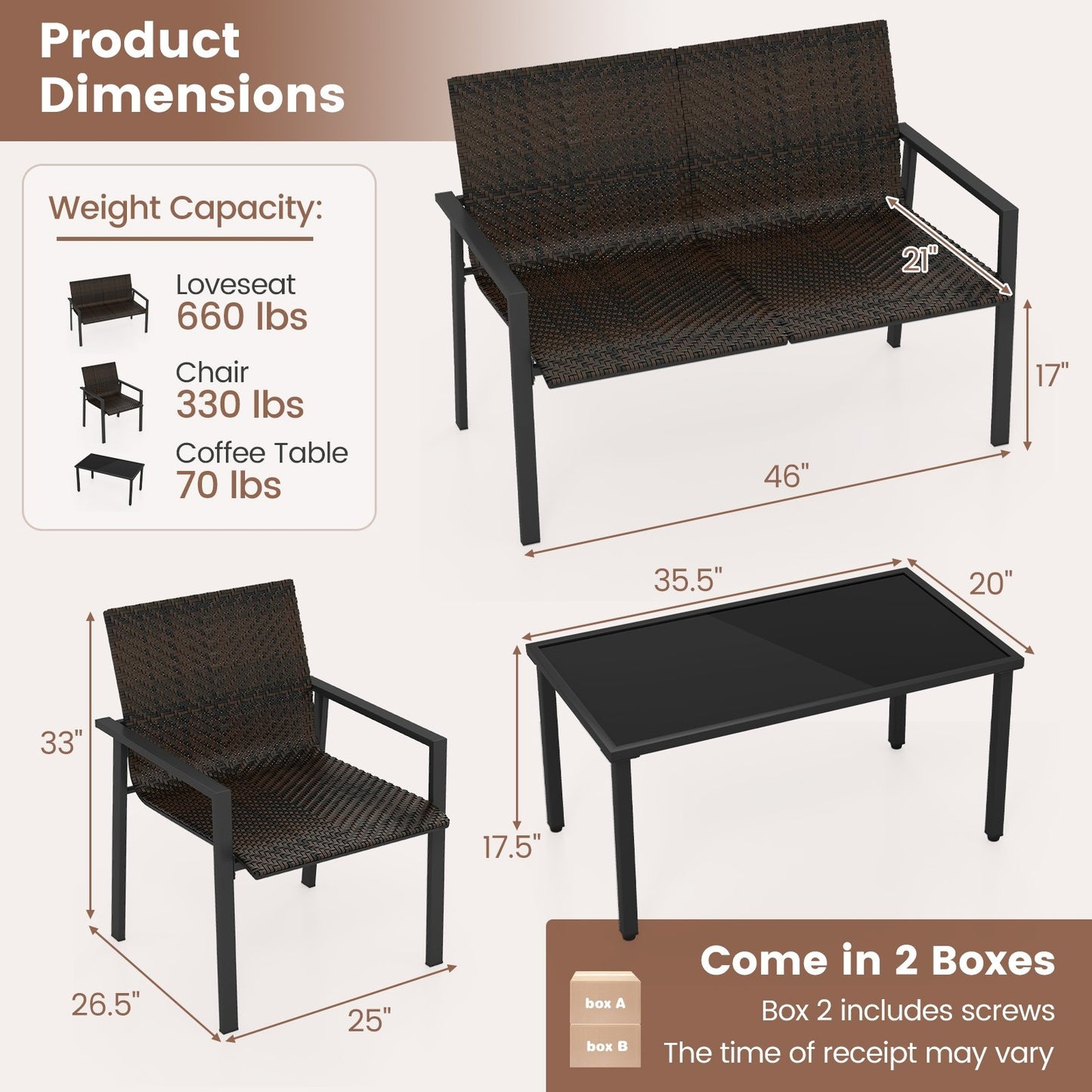 4 Pieces Patio Furniture Set with Heavy Duty Galvanized Metal Frame, Brown Patio Dining Sets   at Gallery Canada