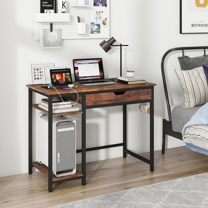 Computer Desk with Charging Station and Drawer & Adjustable Shelf, Rustic Brown Computer Desks   at Gallery Canada