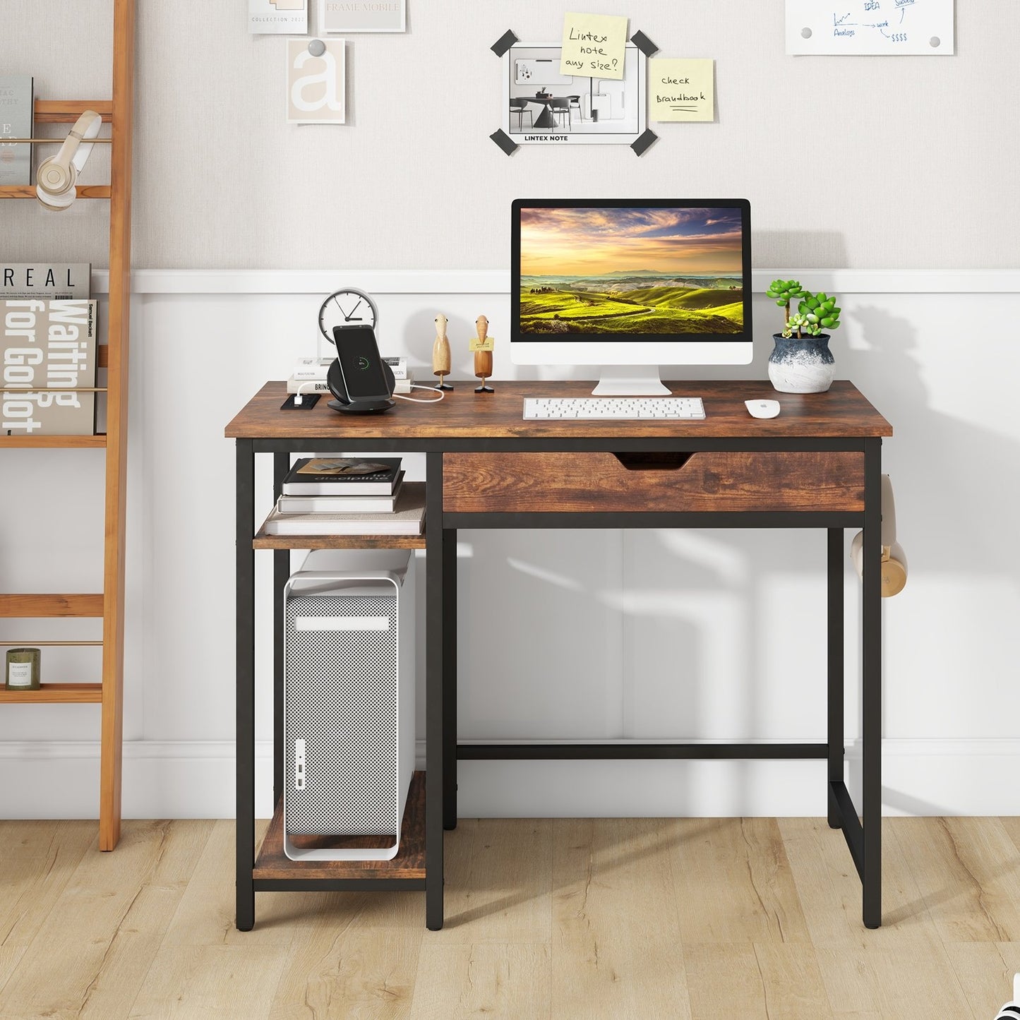 Computer Desk with Charging Station and Drawer & Adjustable Shelf, Rustic Brown Computer Desks   at Gallery Canada