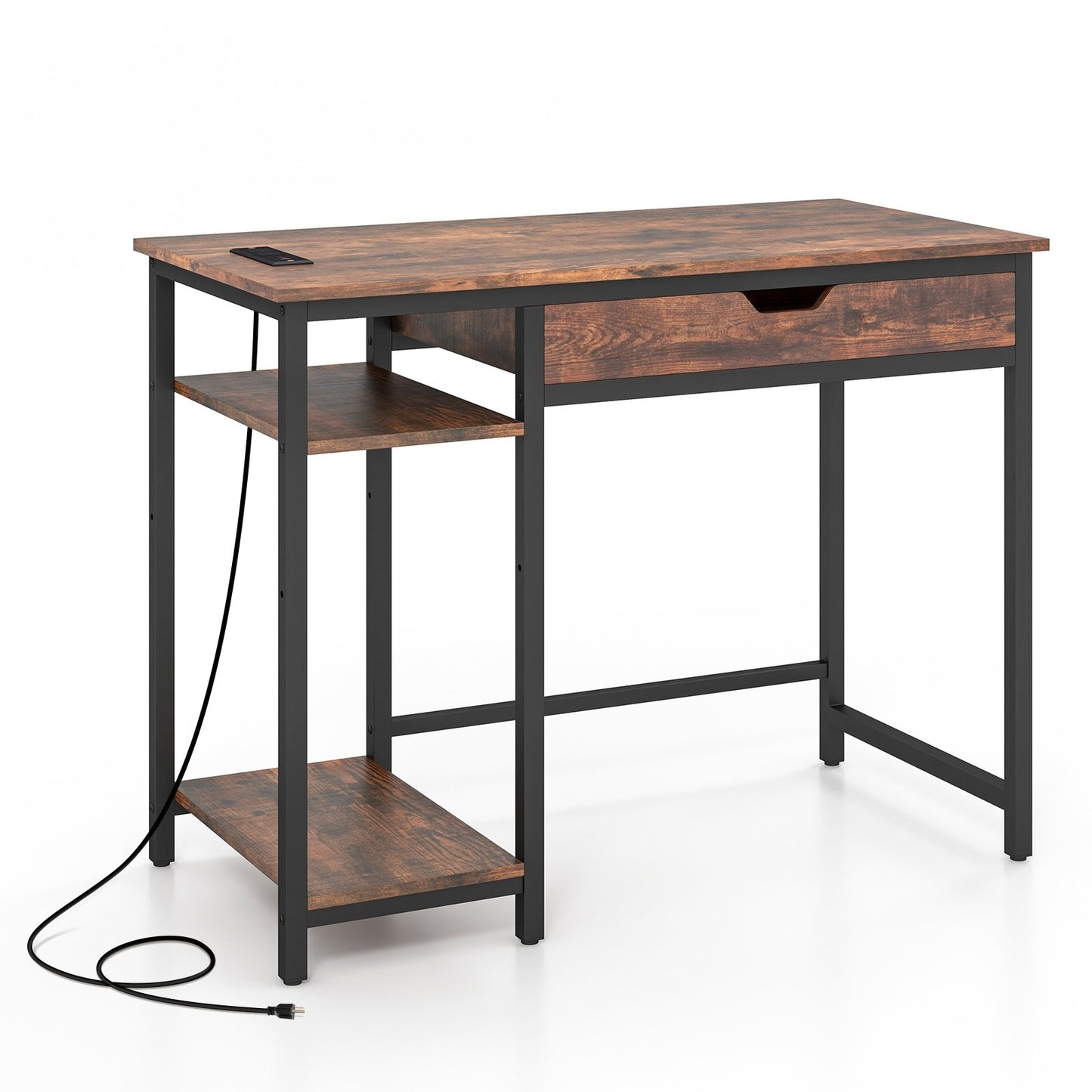 Computer Desk with Charging Station and Drawer & Adjustable Shelf, Rustic Brown Computer Desks   at Gallery Canada