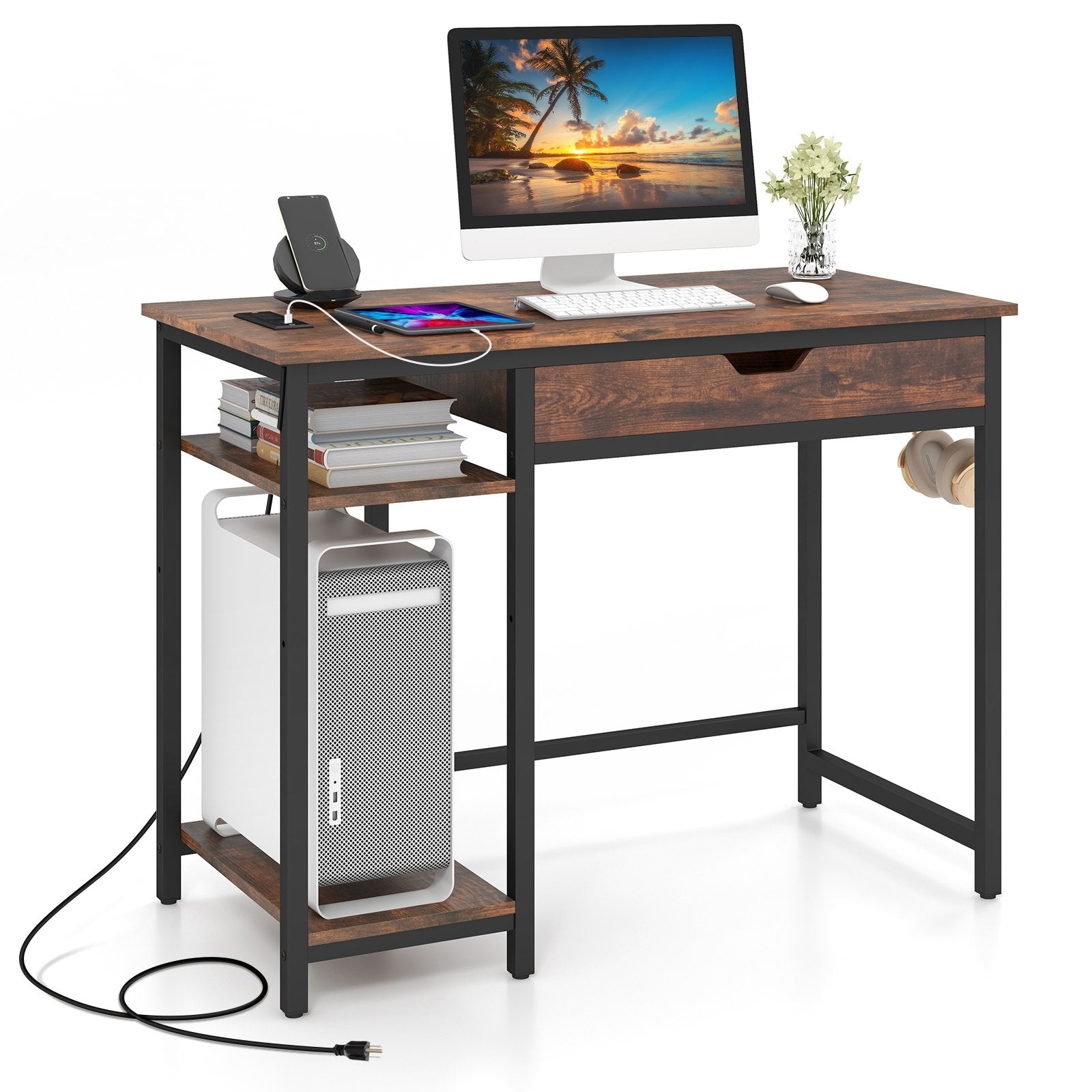 Computer Desk with Charging Station and Drawer & Adjustable Shelf, Rustic Brown Computer Desks   at Gallery Canada