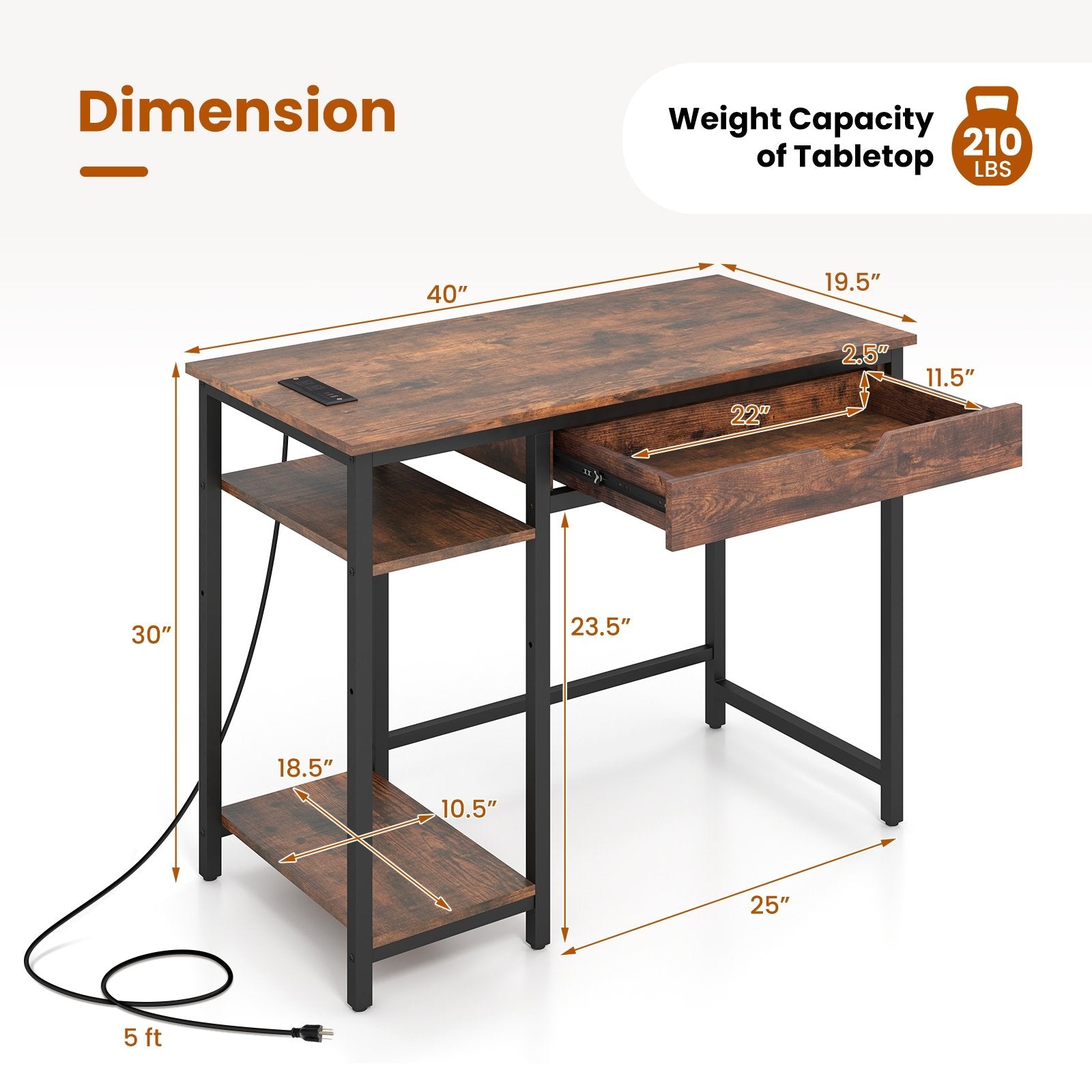 Computer Desk with Charging Station and Drawer & Adjustable Shelf, Rustic Brown Computer Desks   at Gallery Canada