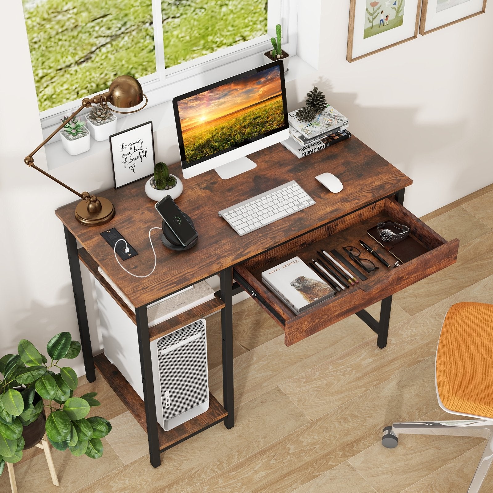 Computer Desk with Charging Station and Drawer & Adjustable Shelf, Rustic Brown Computer Desks   at Gallery Canada