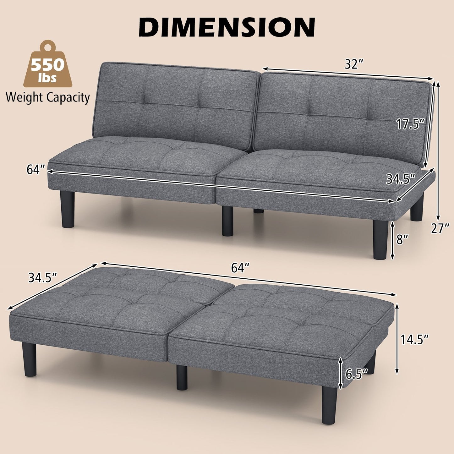 Convertible Folding Futon Sofa Bed with 6-Position Adjustable Backrest, Gray Sofas & Loveseats   at Gallery Canada