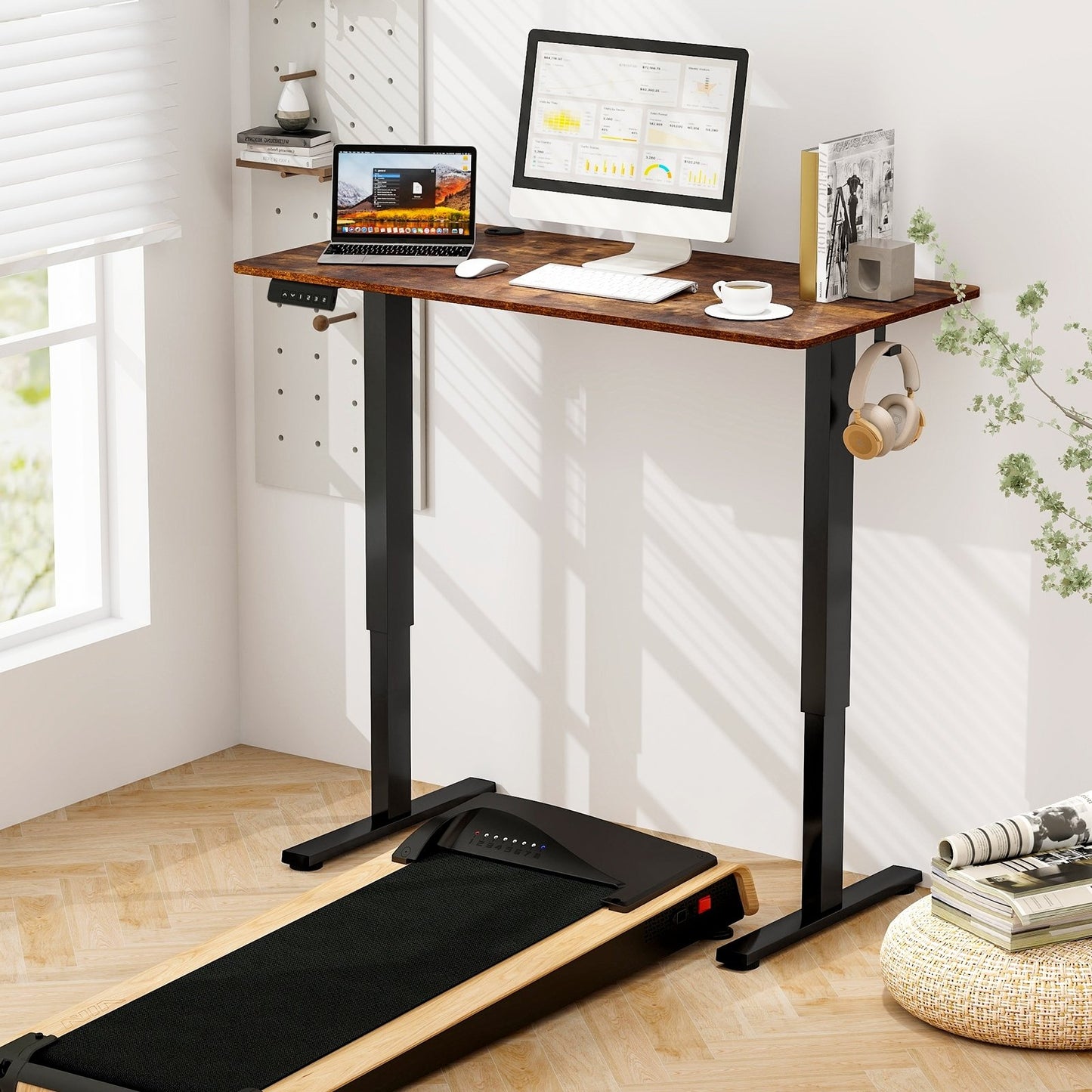 Electric Standing Desk with 3 Memory Height Settings and 2 Hanging Hooks & Cable Management, Rustic Brown Standing Desks   at Gallery Canada