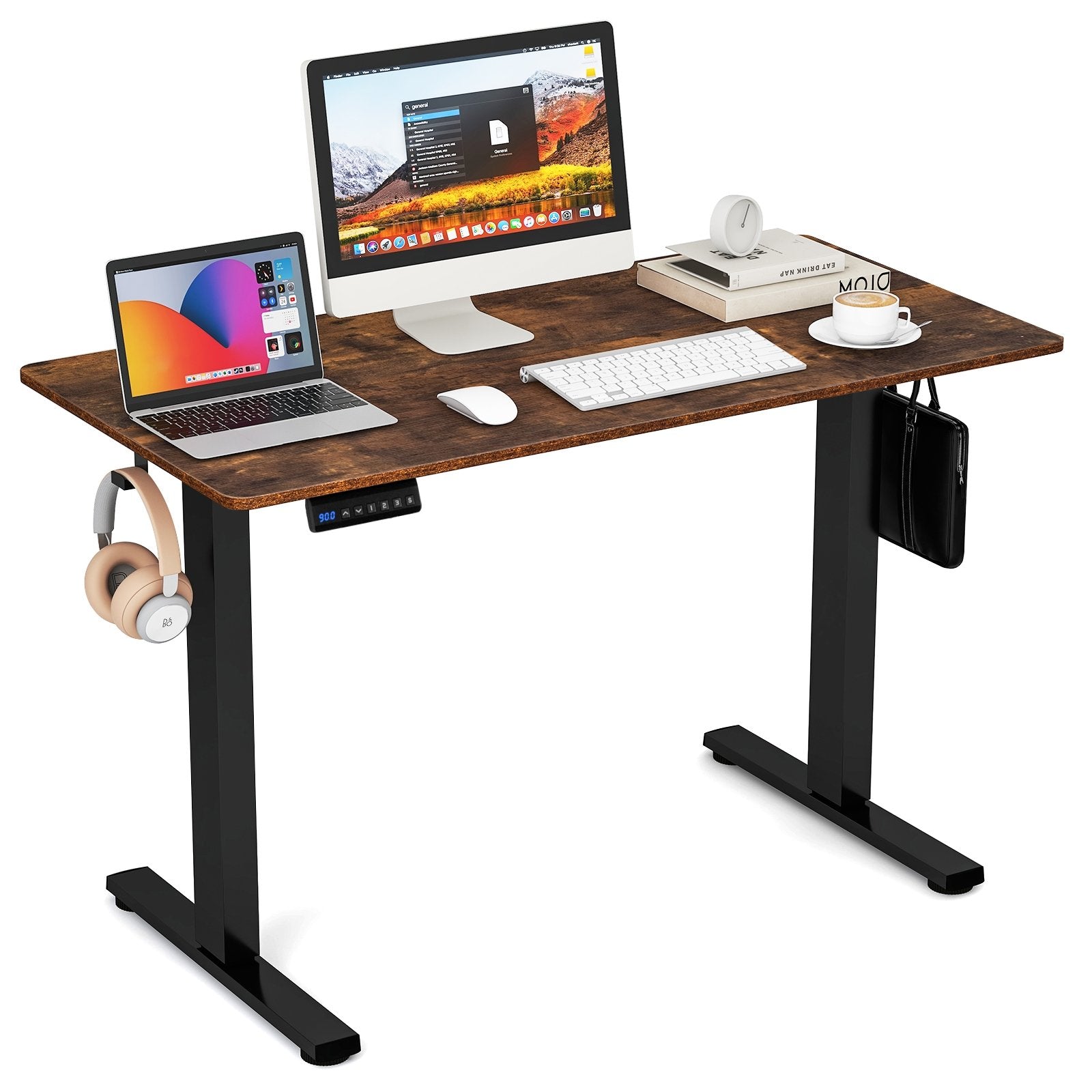 Electric Standing Desk with 3 Memory Height Settings and 2 Hanging Hooks & Cable Management, Rustic Brown Standing Desks   at Gallery Canada