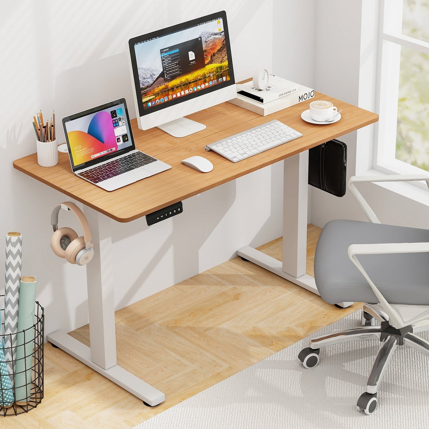 Electric Standing Desk with 3 Memory Height Settings and 2 Hanging Hooks & Cable Management, Natural Standing Desks   at Gallery Canada