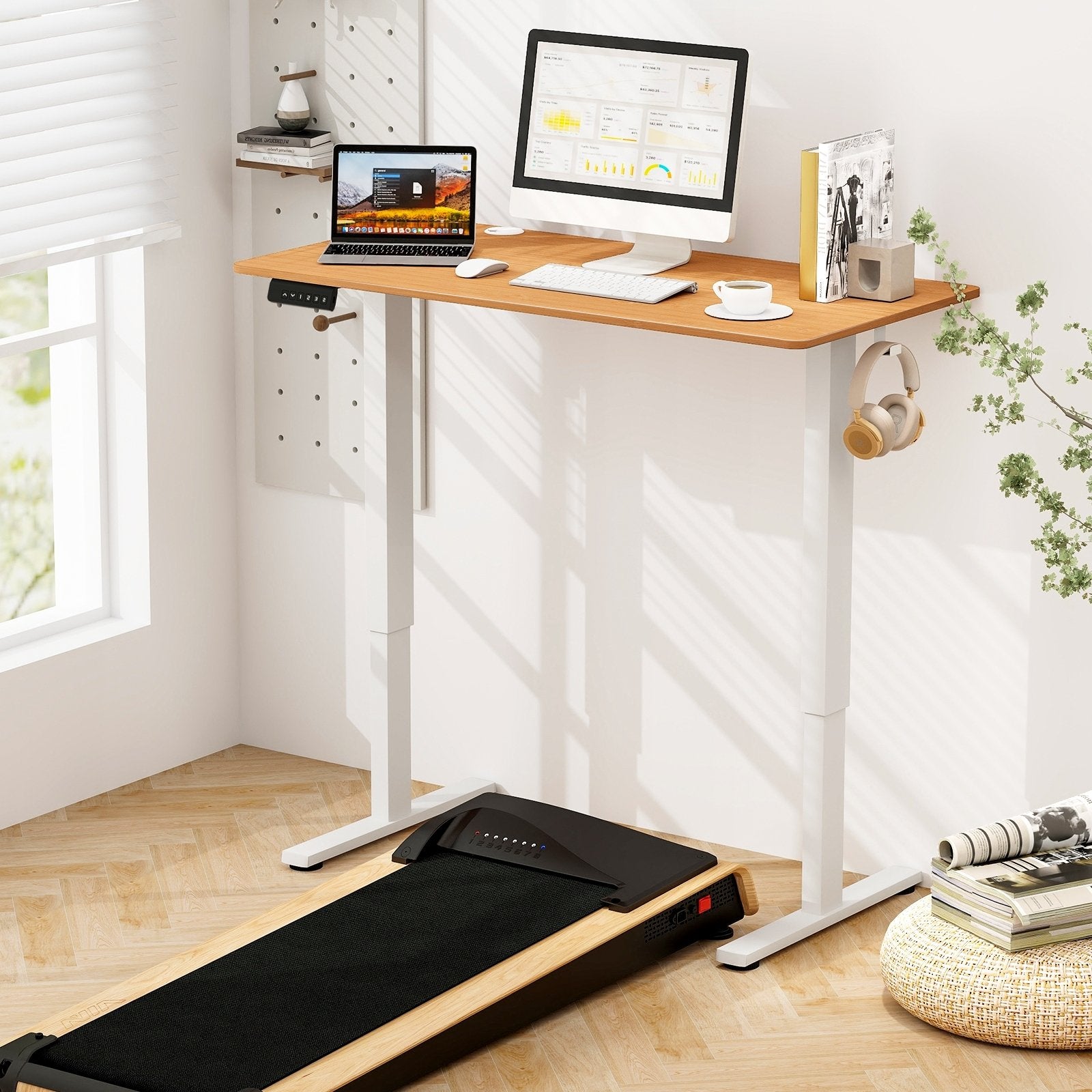 Electric Standing Desk with 3 Memory Height Settings and 2 Hanging Hooks & Cable Management, Natural Standing Desks   at Gallery Canada