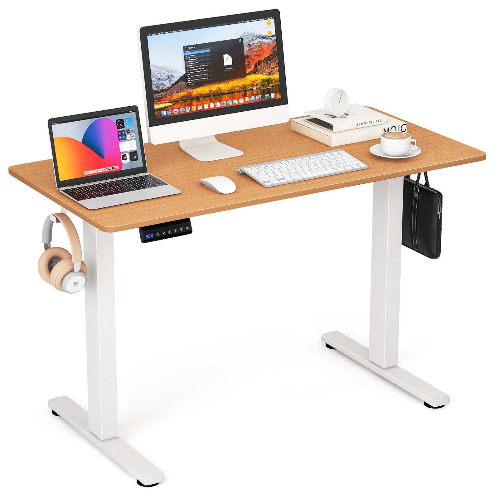 Electric Standing Desk with 3 Memory Height Settings and 2 Hanging Hooks & Cable Management, Natural Standing Desks   at Gallery Canada