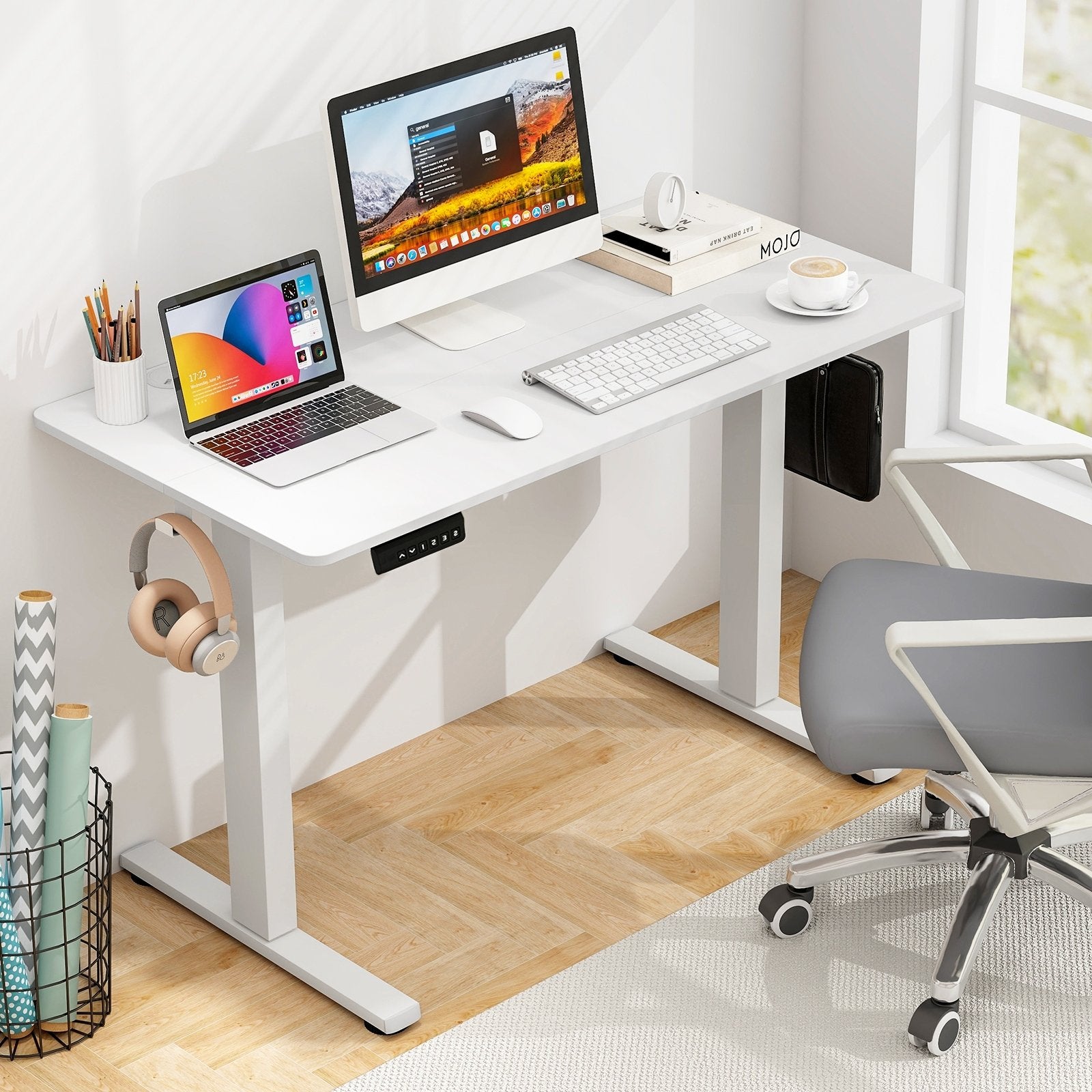 Electric Standing Desk with 3 Memory Height Settings and 2 Hanging Hooks & Cable Management, White Standing Desks   at Gallery Canada