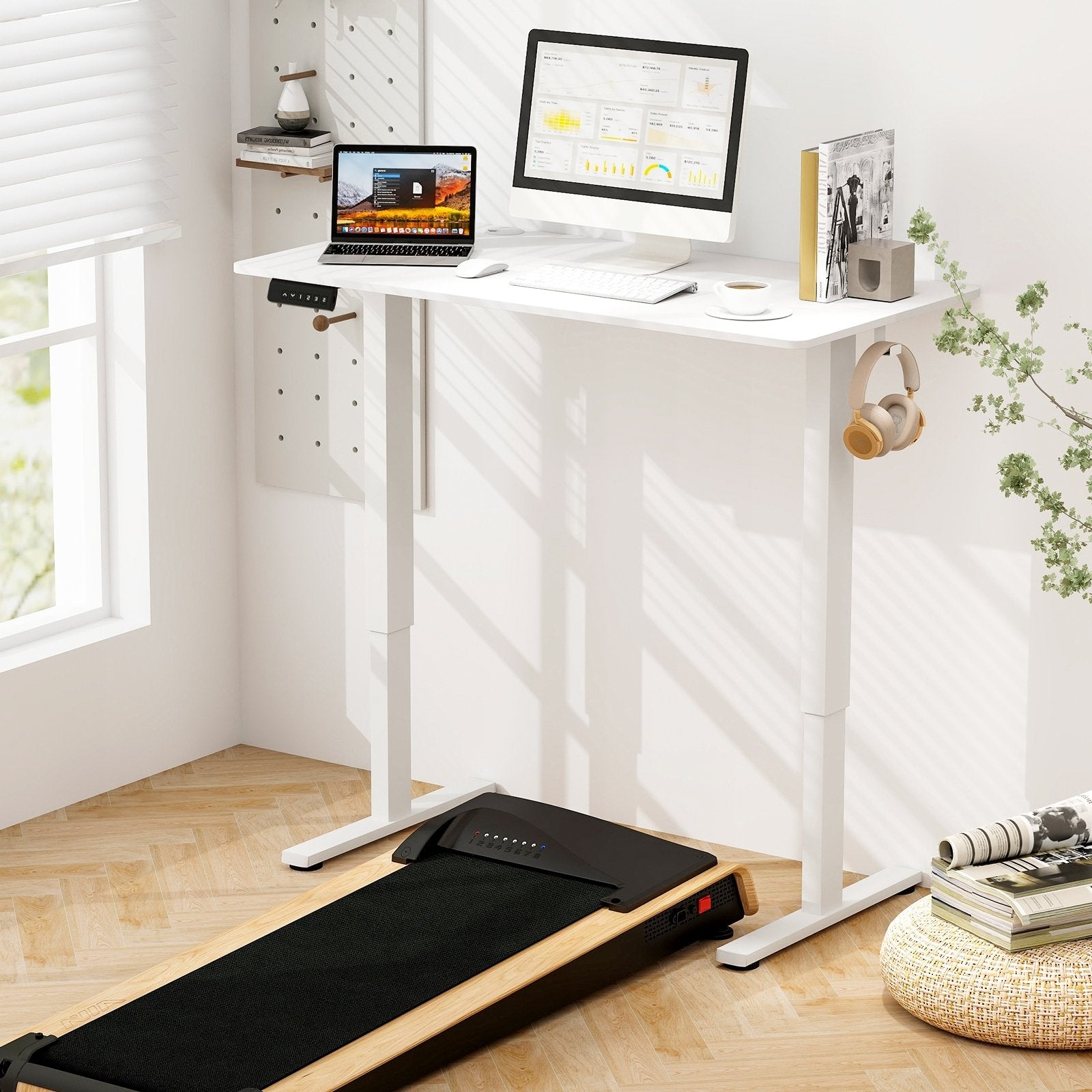 Electric Standing Desk with 3 Memory Height Settings and 2 Hanging Hooks & Cable Management, White Standing Desks   at Gallery Canada