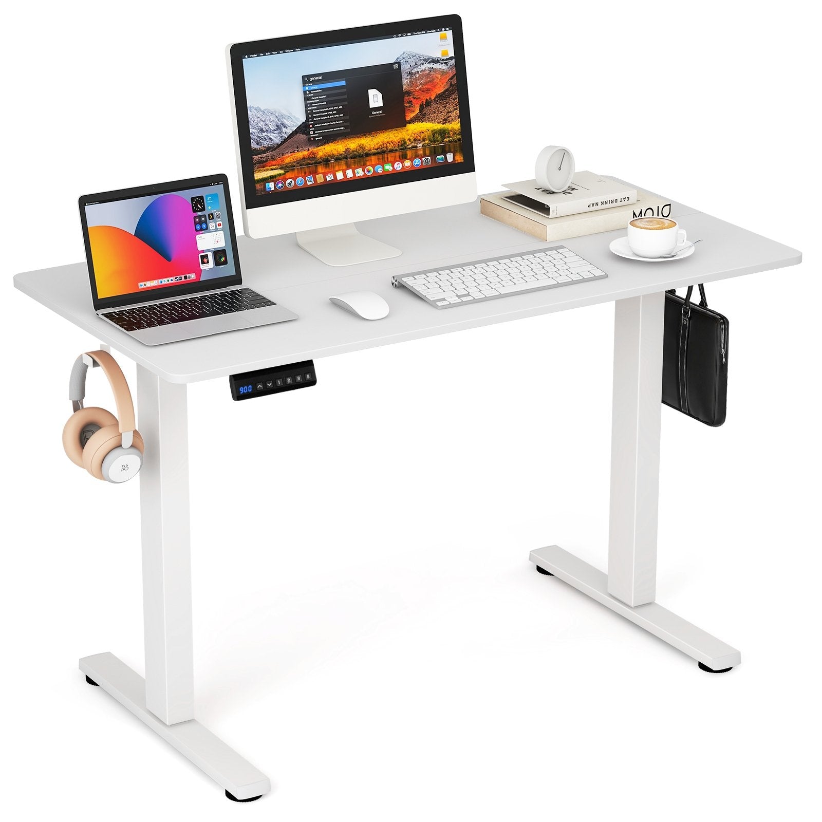 Electric Standing Desk with 3 Memory Height Settings and 2 Hanging Hooks & Cable Management, White Standing Desks   at Gallery Canada