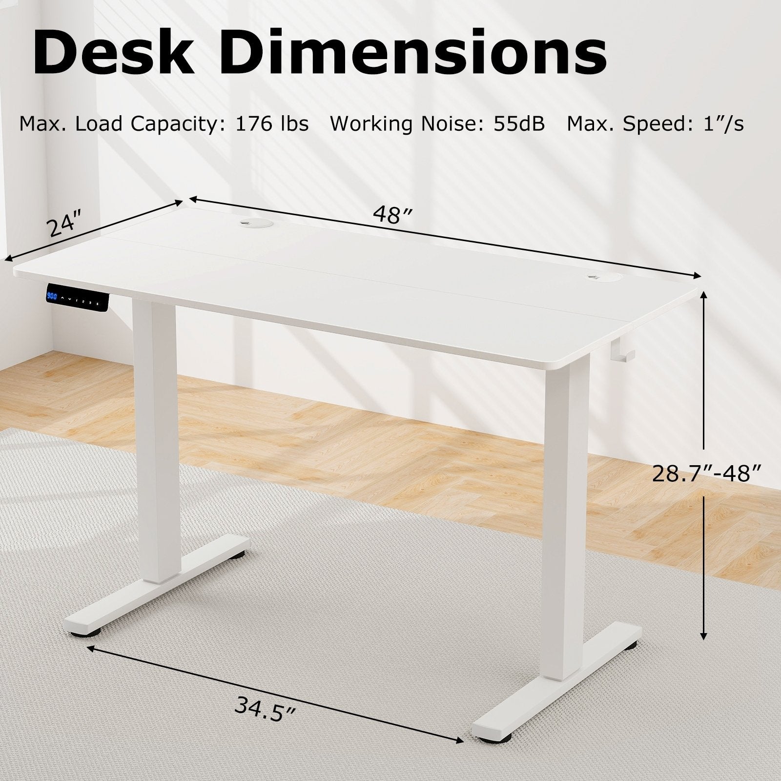 Electric Standing Desk with 3 Memory Height Settings and 2 Hanging Hooks & Cable Management, White Standing Desks   at Gallery Canada