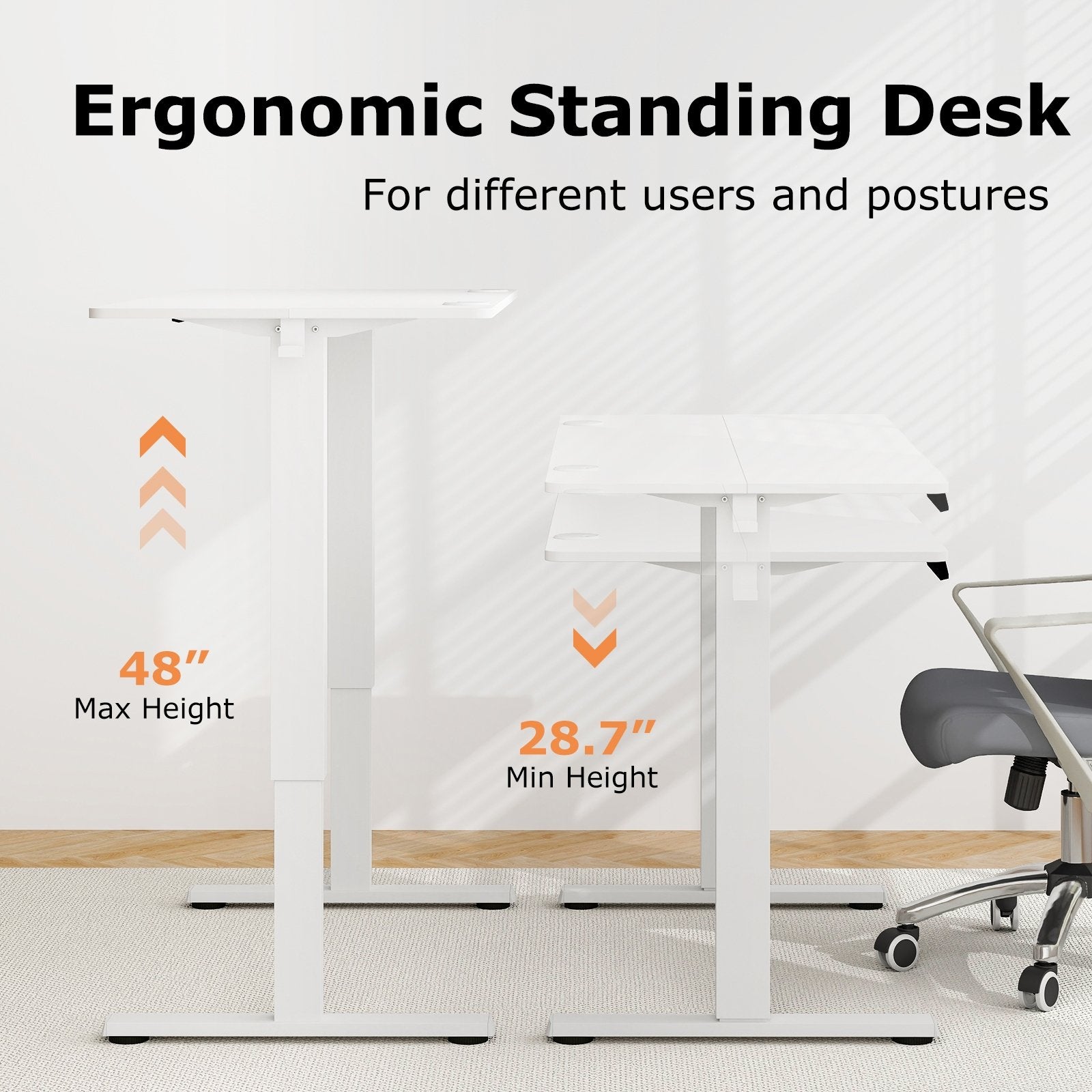 Electric Standing Desk with 3 Memory Height Settings and 2 Hanging Hooks & Cable Management, White Standing Desks   at Gallery Canada