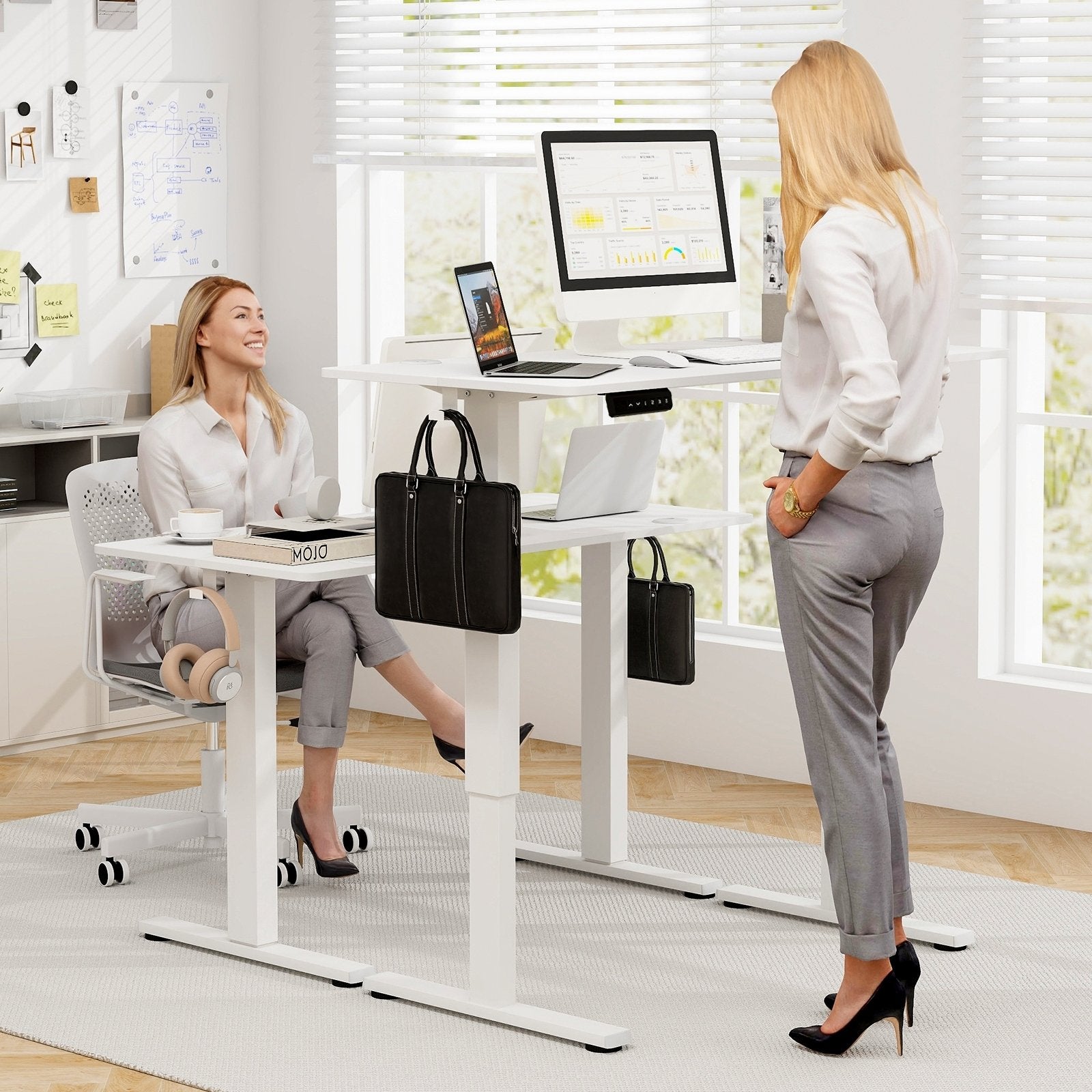 Electric Standing Desk with 3 Memory Height Settings and 2 Hanging Hooks & Cable Management, White Standing Desks   at Gallery Canada