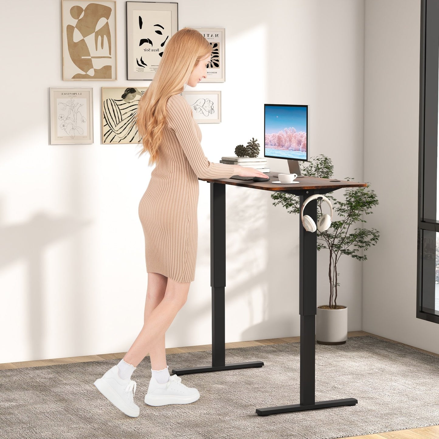 55 x 24 Inches Sit Stand Home Office Desk with 3 Memory Height Settings, Rustic Brown Standing Desks   at Gallery Canada