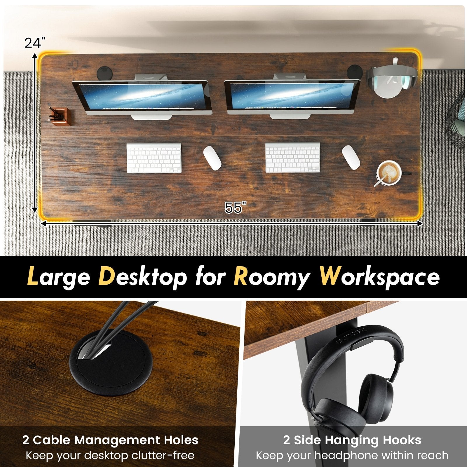 55 x 24 Inches Sit Stand Home Office Desk with 3 Memory Height Settings, Rustic Brown Standing Desks   at Gallery Canada