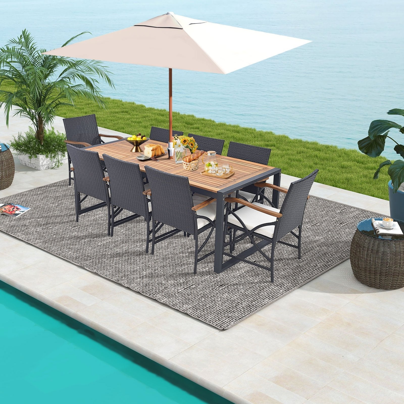 9 Pieces  Patio Rattan Dining Set with Acacia Wood Table for Backyard  Garden-X-side Handrail Patio Furniture Sets   at Gallery Canada