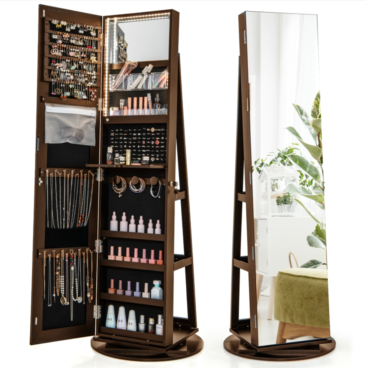 360° Rotating Mirrored Jewelry Cabinet Armoire 3 Color LED Modes Lockable, Espresso Jewelry Armoires Espresso  at Gallery Canada