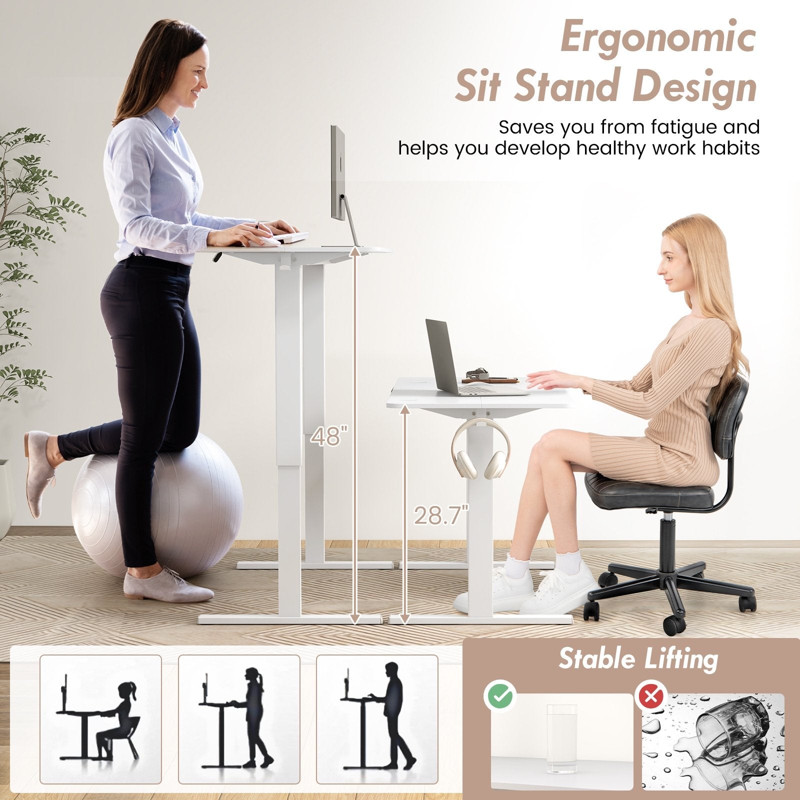 55 x 24 Inches Sit Stand Home Office Desk with 3 Memory Height Settings, White Standing Desks   at Gallery Canada