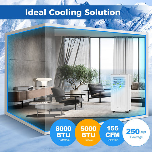 8000 BTU Portable Air Conditioner 3 in 1 AC Unit Fan and Dehumidifier for Rooms up to 250 Sq FT, White