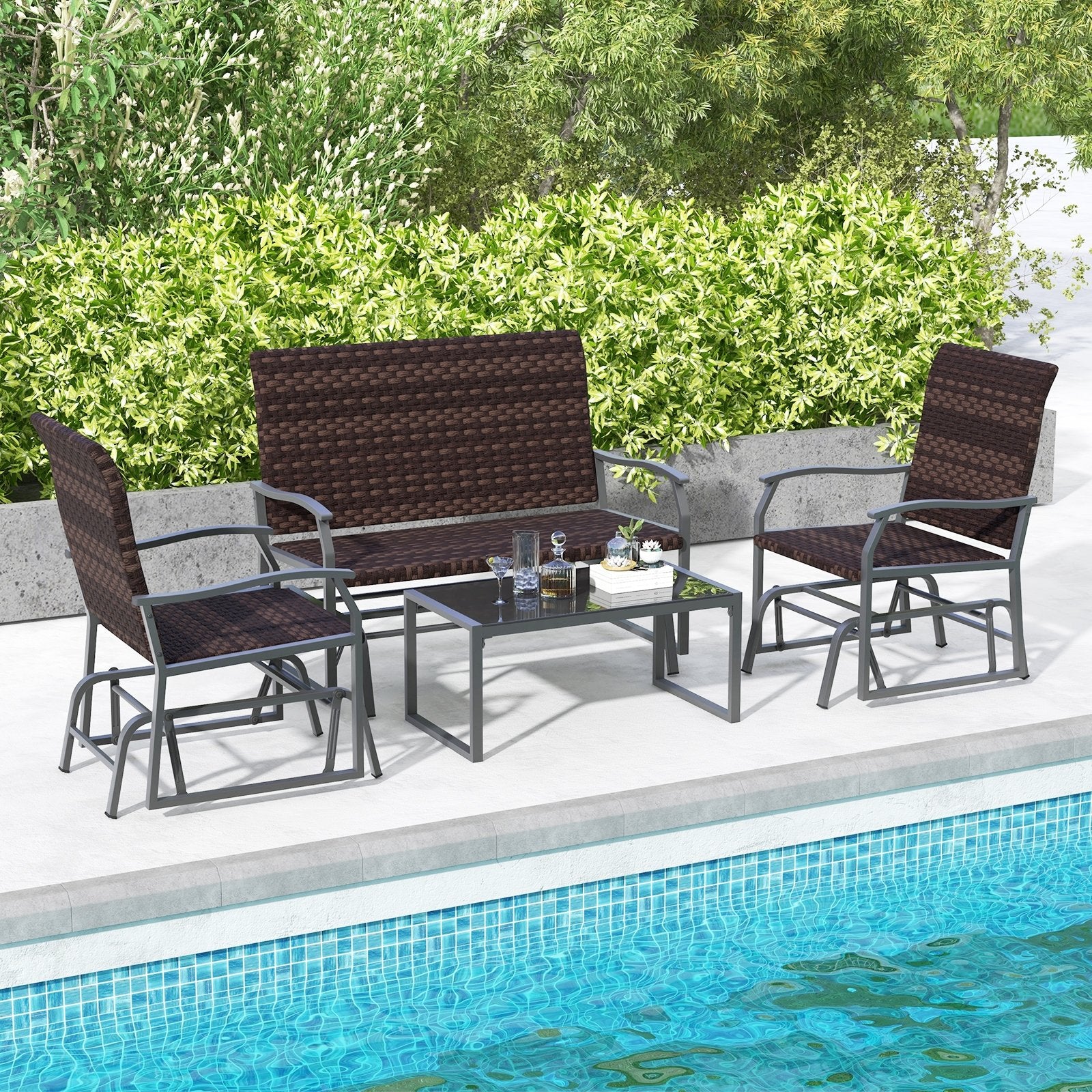 4 Piece Patio Gliding Set Wicker Swing Glider Furniture Set witrh Tempered Glass Coffee Table, Brown Patio Conversation Sets   at Gallery Canada