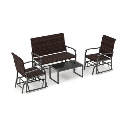 4 Piece Patio Gliding Set Wicker Swing Glider Furniture Set witrh Tempered Glass Coffee Table, Brown Patio Conversation Sets   at Gallery Canada