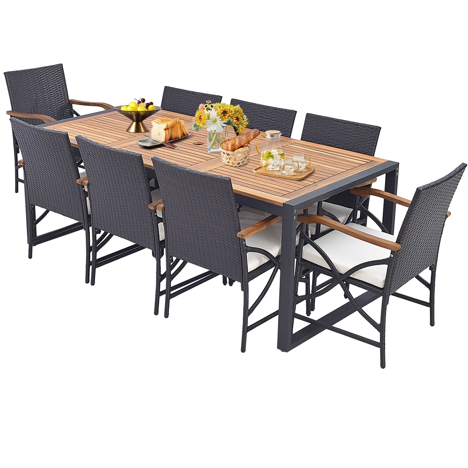 9 Pieces  Patio Rattan Dining Set with Acacia Wood Table for Backyard  Garden-X-side Handrail Patio Furniture Sets   at Gallery Canada