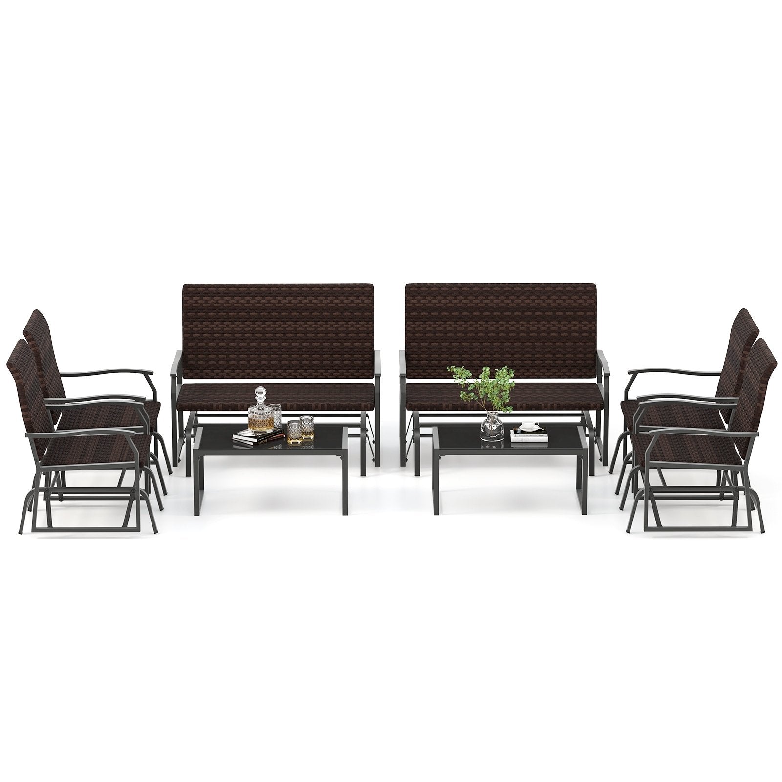 4 Piece Patio Gliding Set Wicker Swing Glider Furniture Set witrh Tempered Glass Coffee Table, Brown Patio Conversation Sets   at Gallery Canada