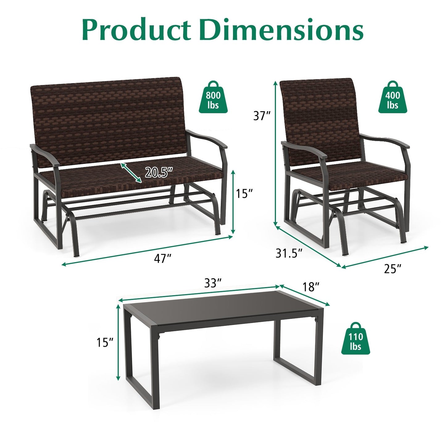 4 Piece Patio Gliding Set Wicker Swing Glider Furniture Set witrh Tempered Glass Coffee Table, Brown Patio Conversation Sets   at Gallery Canada