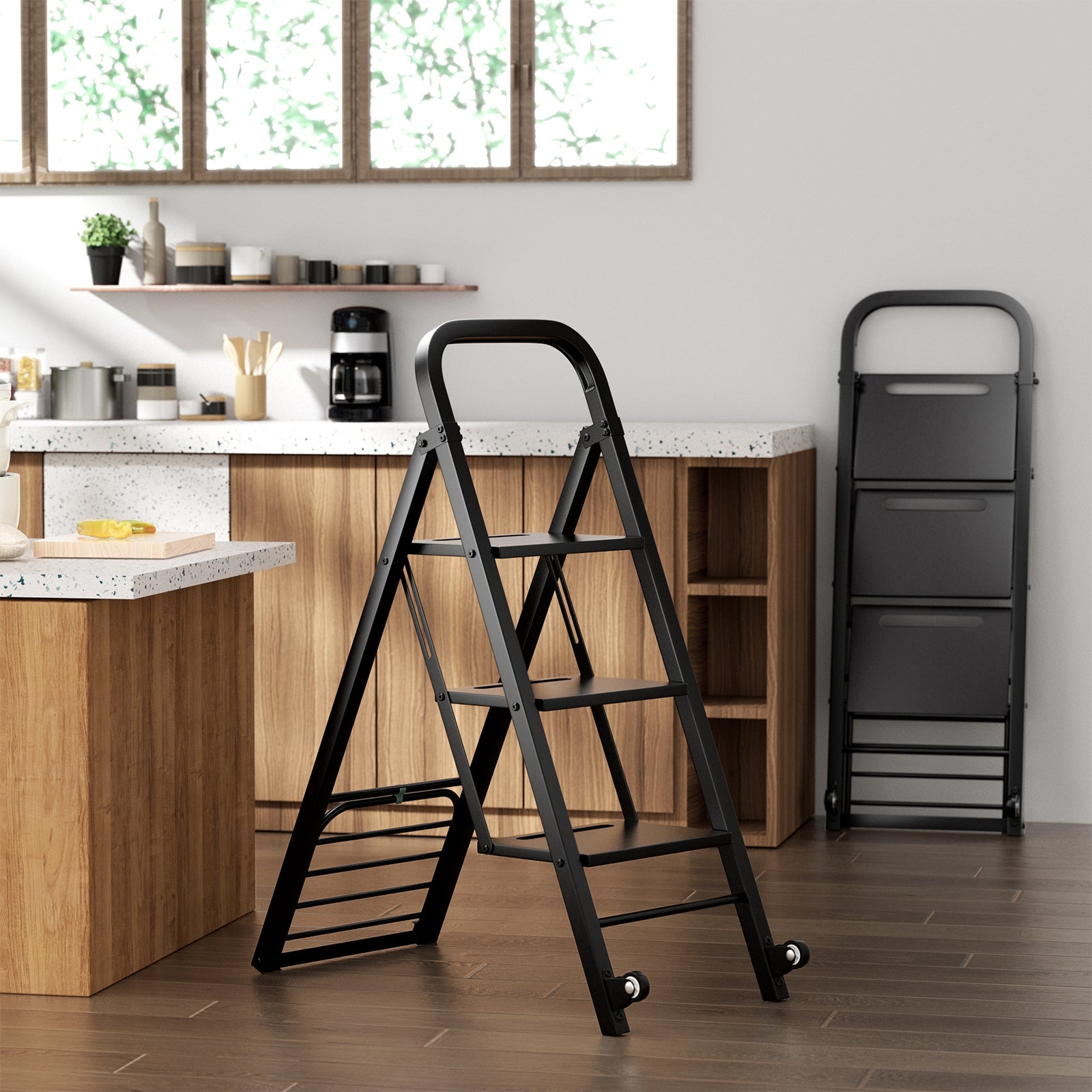 2 in 1 Hand Truck and Ladder Combo with Rubber Wheels Handle for Warehouse Garage Home, Black Sheds & Outdoor Storage at Gallery Canada