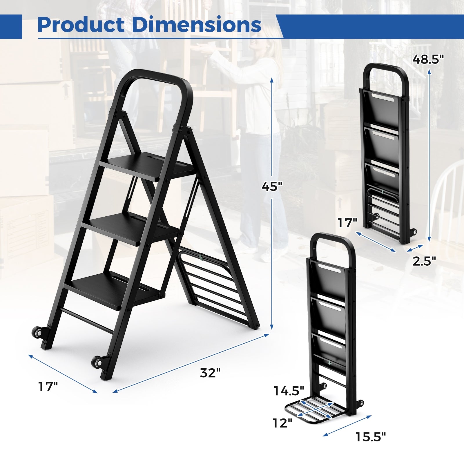 2 in 1 Hand Truck and Ladder Combo with Rubber Wheels Handle for Warehouse Garage Home, Black Sheds & Outdoor Storage at Gallery Canada