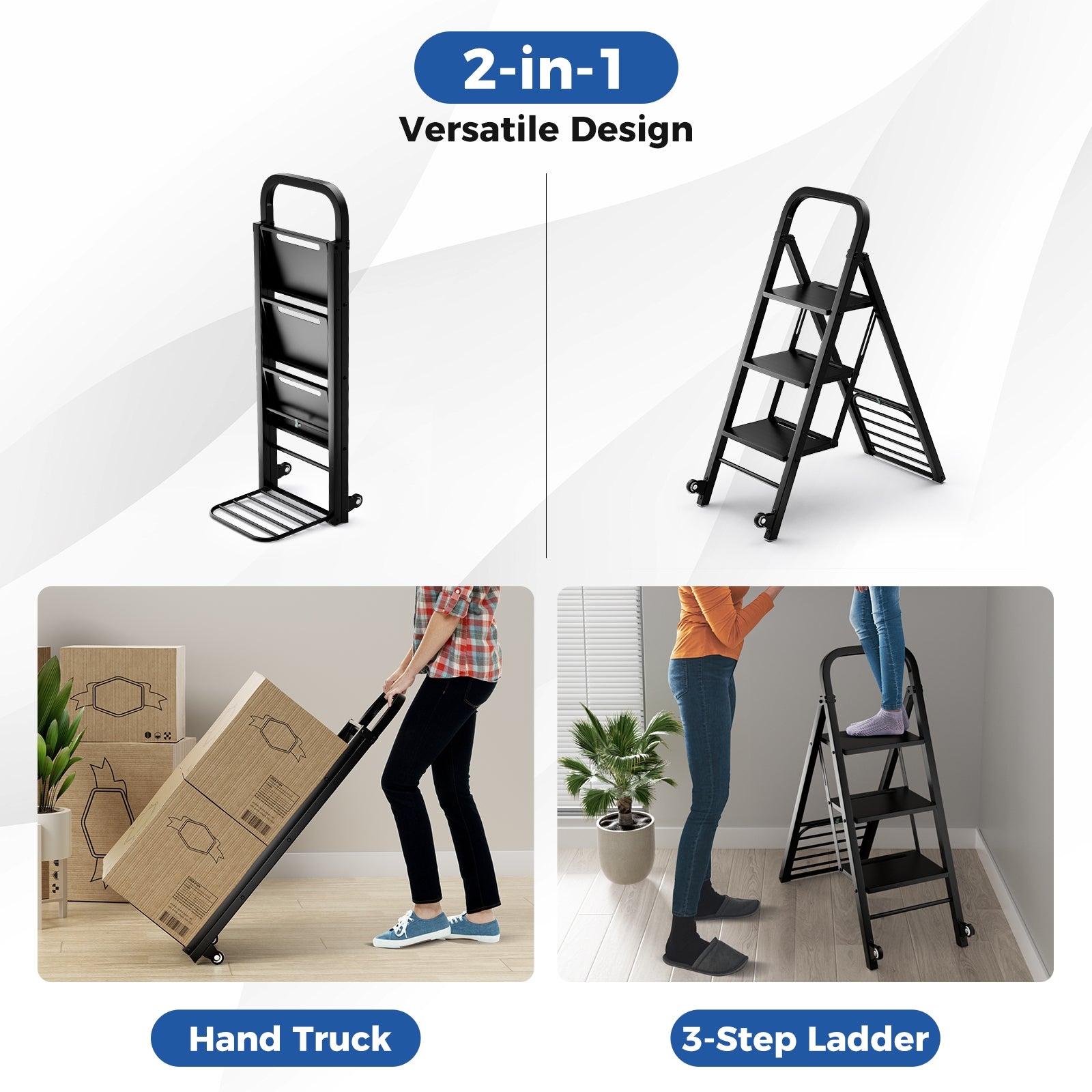 2 in 1 Hand Truck and Ladder Combo with Rubber Wheels Handle for Warehouse Garage Home, Black Sheds & Outdoor Storage at Gallery Canada