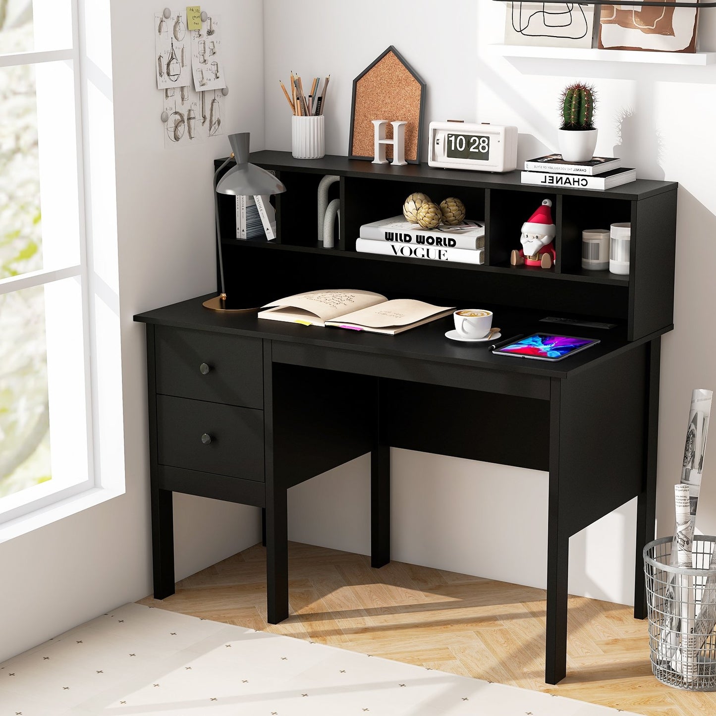 48 Inch Computer Desk with Drawers Power Outlets, Black Computer Desks   at Gallery Canada