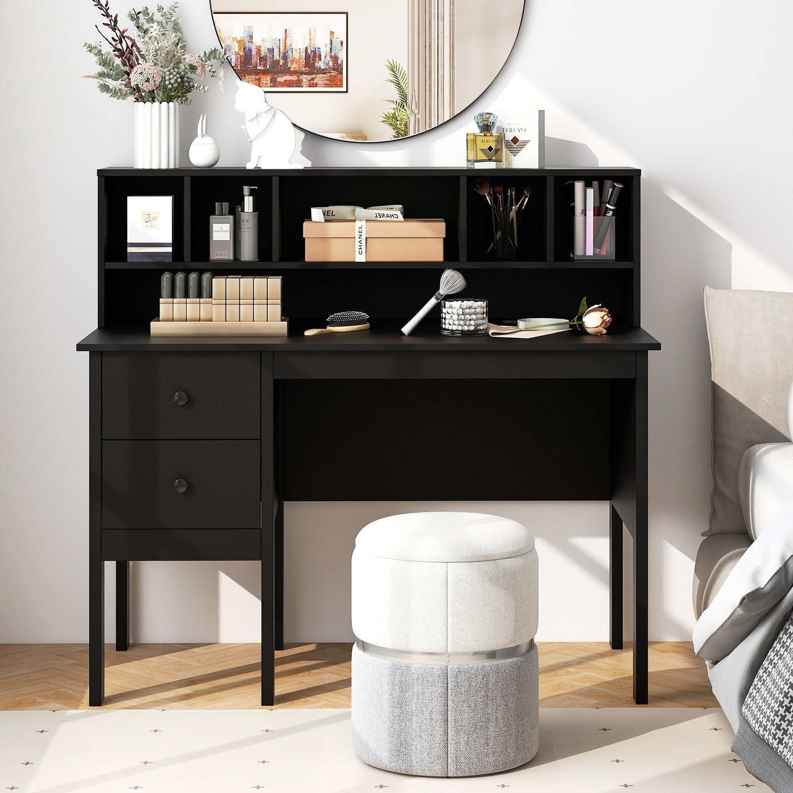 48 Inch Computer Desk with Drawers Power Outlets, Black Computer Desks   at Gallery Canada