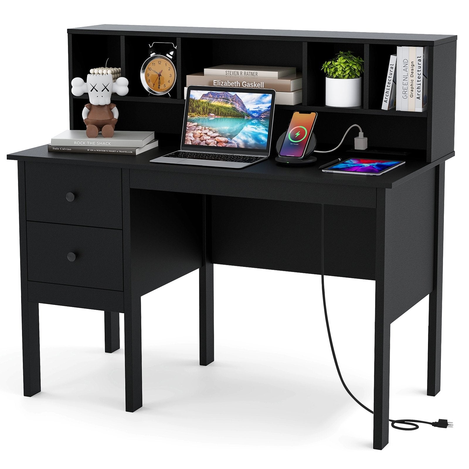 48 Inch Computer Desk with Drawers Power Outlets, Black Computer Desks   at Gallery Canada